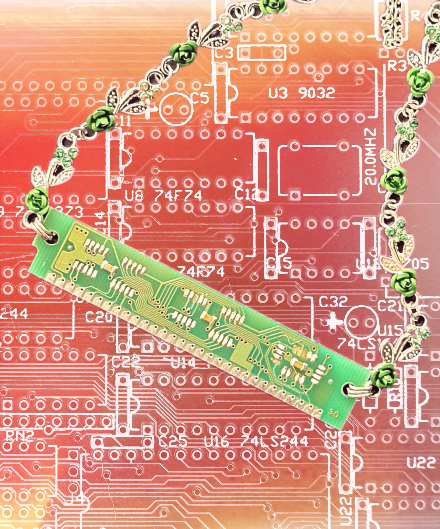 Futuristic Cyber Chic: Green Circuit Board Upcycled Flower Necklace