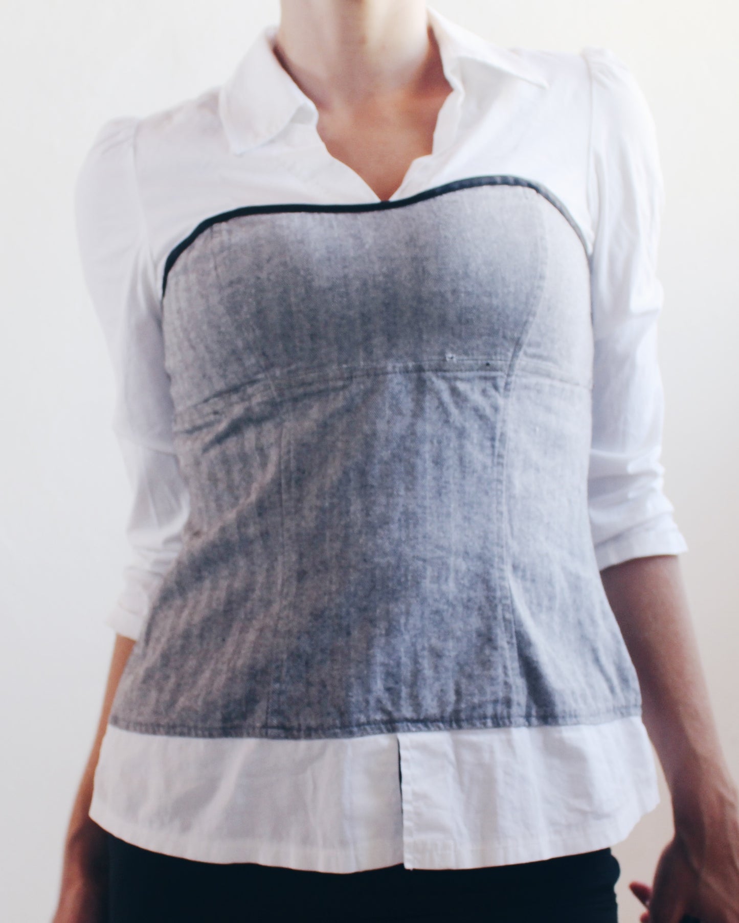 Y2K Office Siren Layered Illusion Blouse | 2000s White Collared Shirt with Grey Tube Overlay | Fitted Stretch Cotton Corporate Chic Top