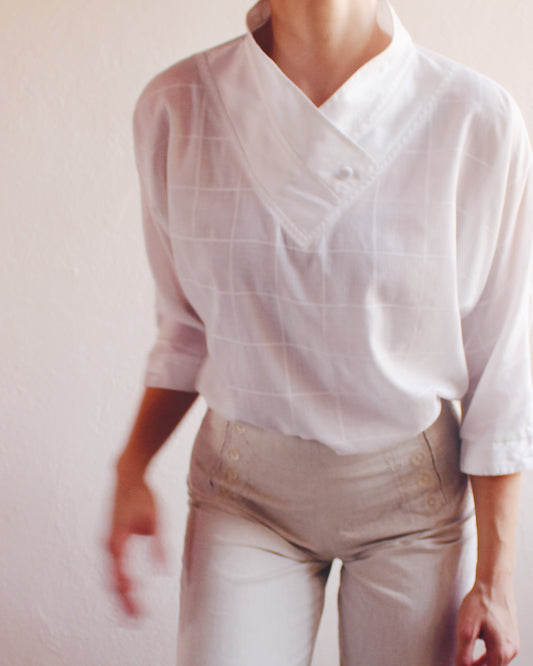 Vintage 1970s Pierre Cardin White Cotton Blouse — Asymmetrical Crossover Collar | Minimalist French Designer Shirt