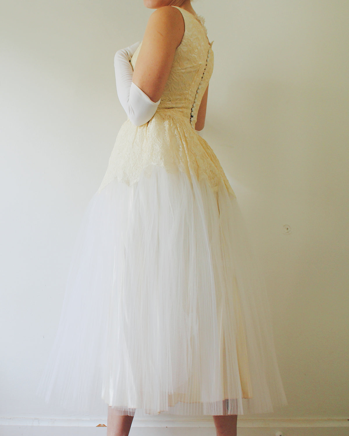 Vintage Ethereal Coquette Lace Midi Wedding Dress, Sleeveless Drop Waist, Cream Lace Bodice, Flared Micro Pleated Mesh Skirt