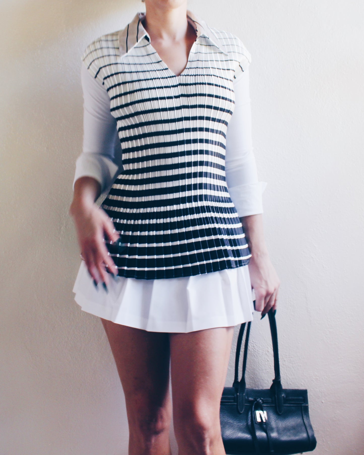 Striped Black and White Pleated Shirt with Collar – Micro Pleats Inspired by Issey Miyake | Chic Office Wear