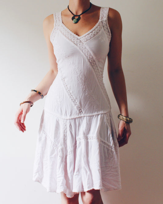 Vintage 90s Coline Whimsygoth Dress, Off White Cotton Floral Embroidered Lace Patchwork, Drop Waist Hippie Boho Dress