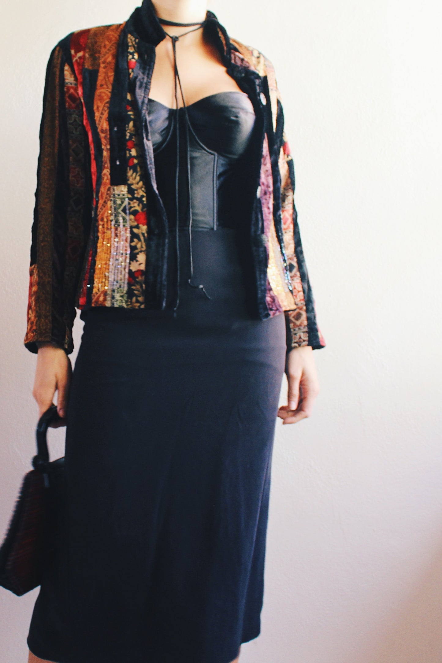 Vintage Black Velvet Patchwork Jacket - 90s Grunge WhimsyGoth Style