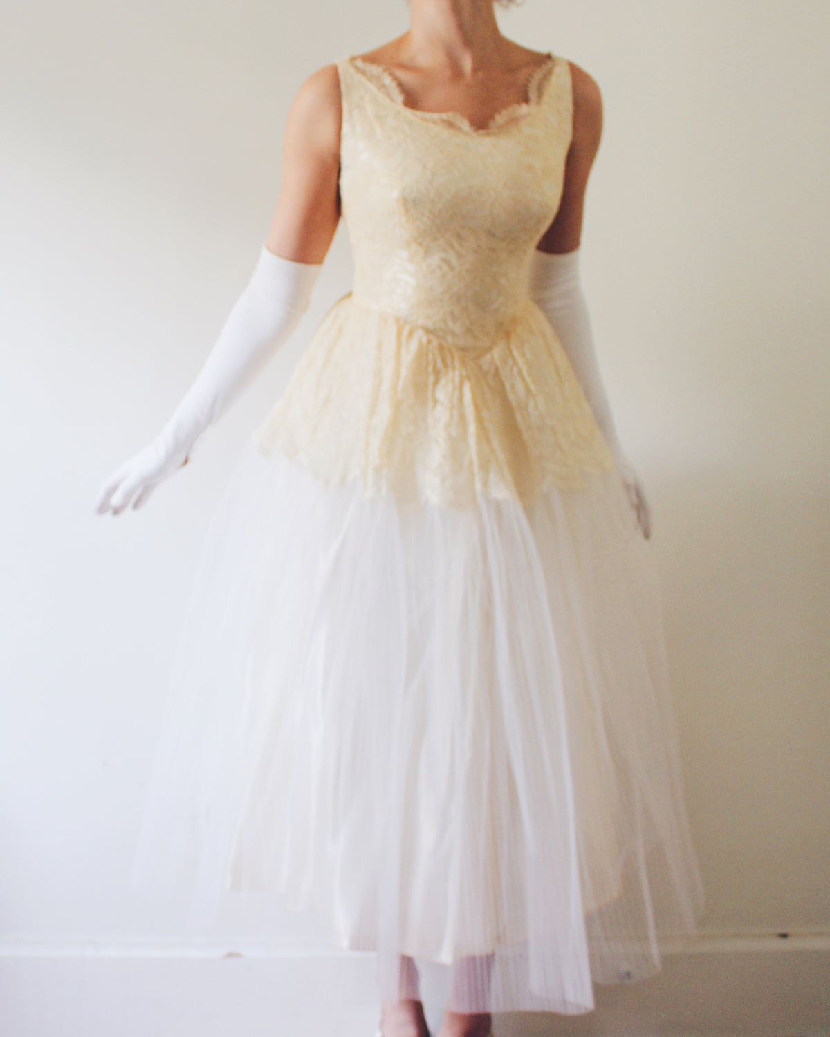 Vintage Ethereal Coquette Lace Midi Wedding Dress, Sleeveless Drop Waist, Cream Lace Bodice, Flared Micro Pleated Mesh Skirt