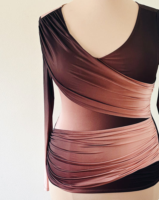 Vintage Y2K Venus Ombre Shirt, Asymmetric Long Sleeve Top, Plum to Peachy Rose Gradient, Layered Diagonal Statement Top