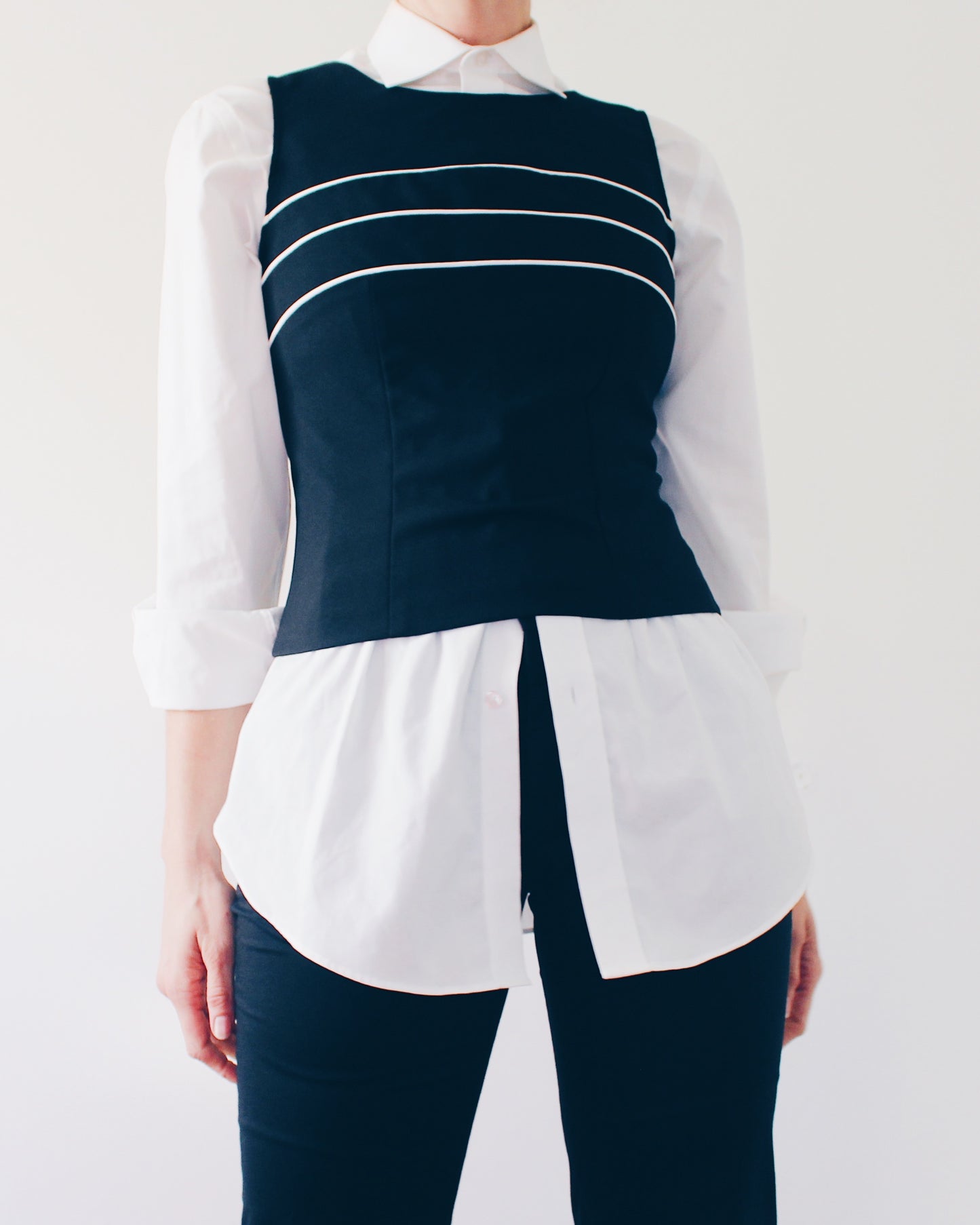 Vintage 90s Minimalist Tank Top | Black Sleeveless Top with White Stripe Detail | Back Zip Workwear Blouse | Chic Retro Layering Piece