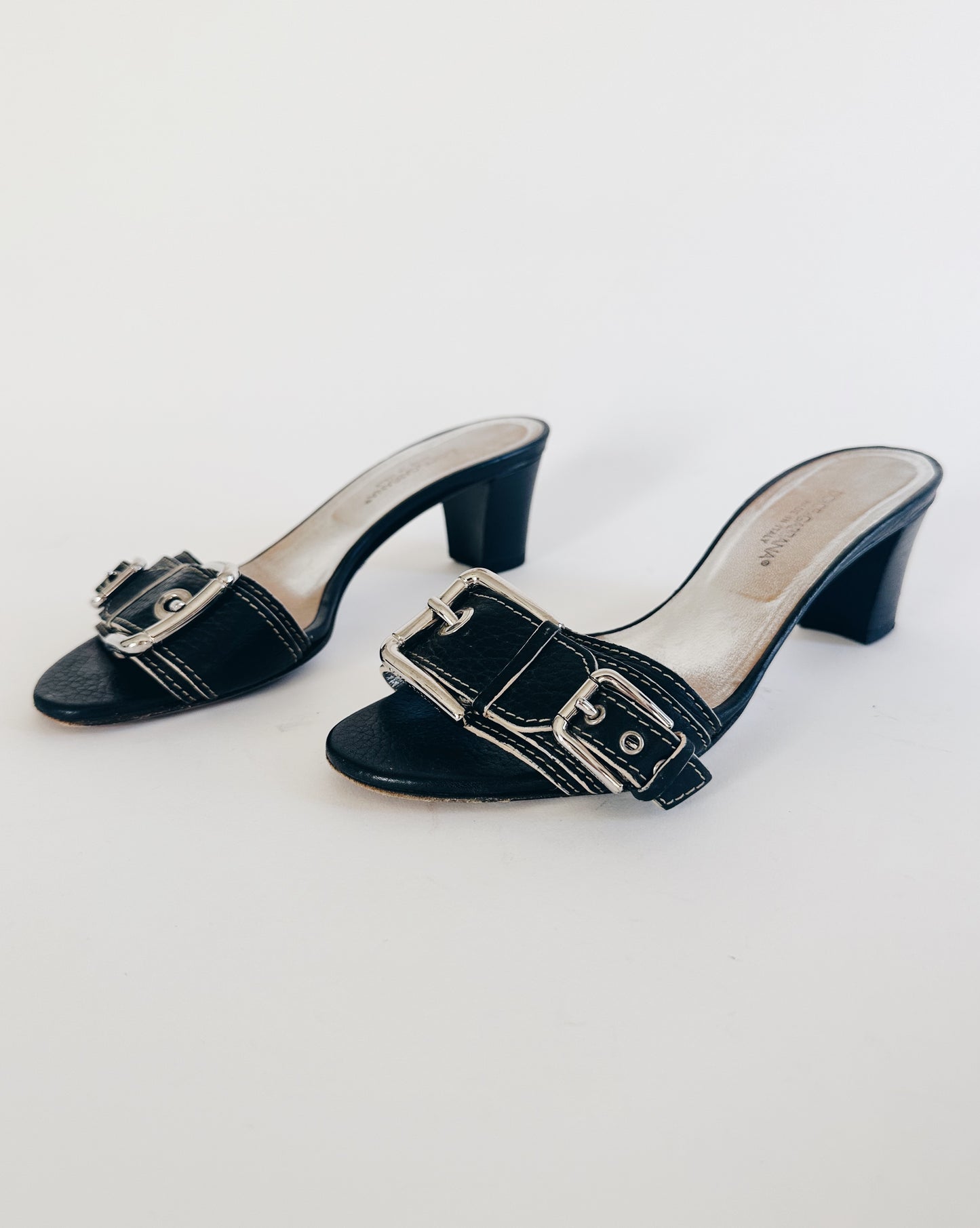 Vintage Dolce & Gabbana Kitten Heel Sandals – Black Leather Buckle Strap Y2K Designer Slip On Heels