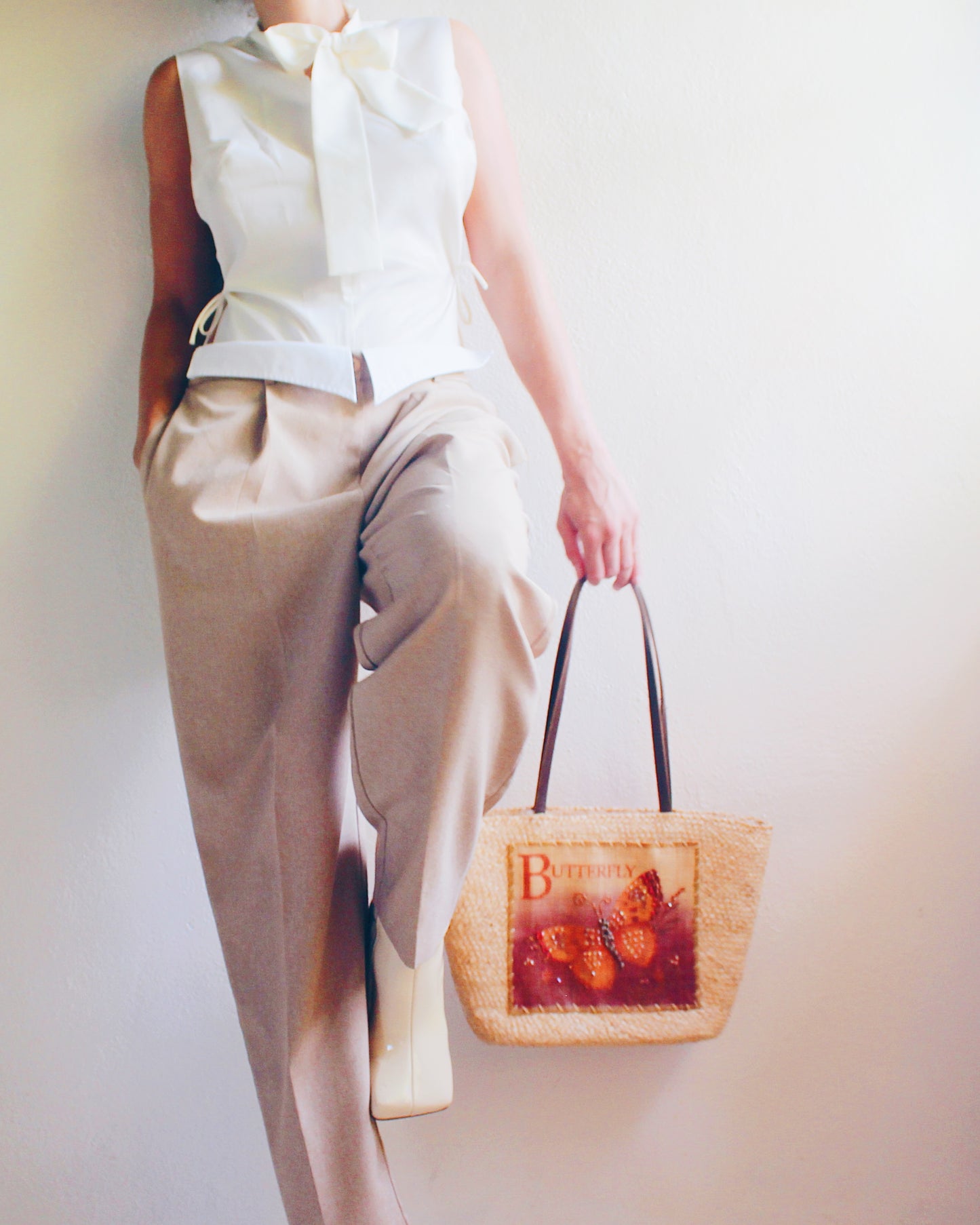 Vintage Whimsigoth Wonder: 90s Straw Tote with Illustrated Butterfly Burlap Patch!