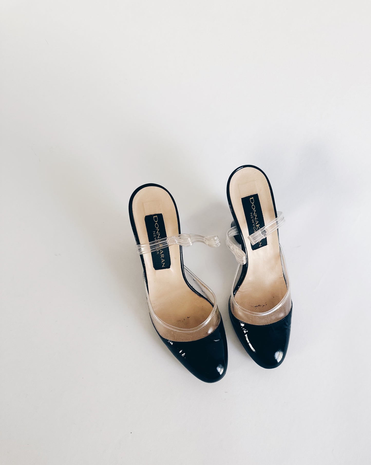 Vintage Donna Karan Cap Toe Heels – 90s Y2K Black Leather & Clear PVC Pumps | Detachable Ankle Strap Designer Shoes