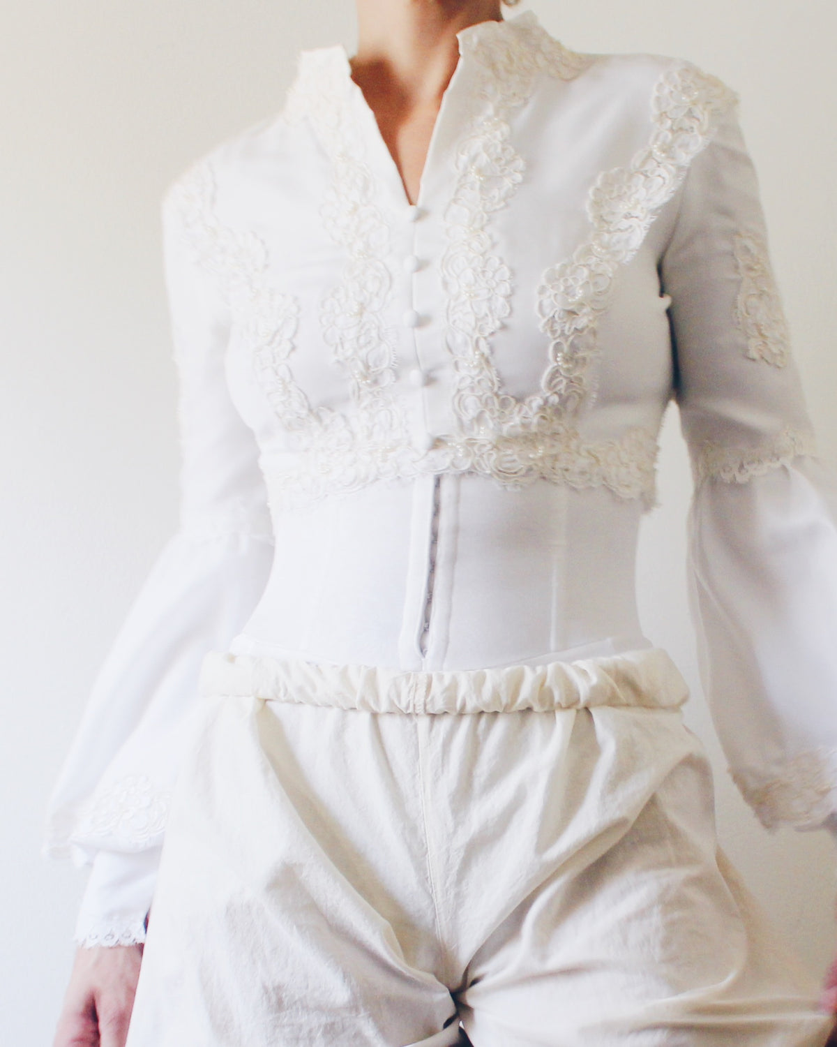 Upcycled Cropped Wedding Top, Lace Up Soft Goth Long Sleeve Blouse, Victorian Pirate Style Bell Sleeves, Made from Vintage Wedding Dress