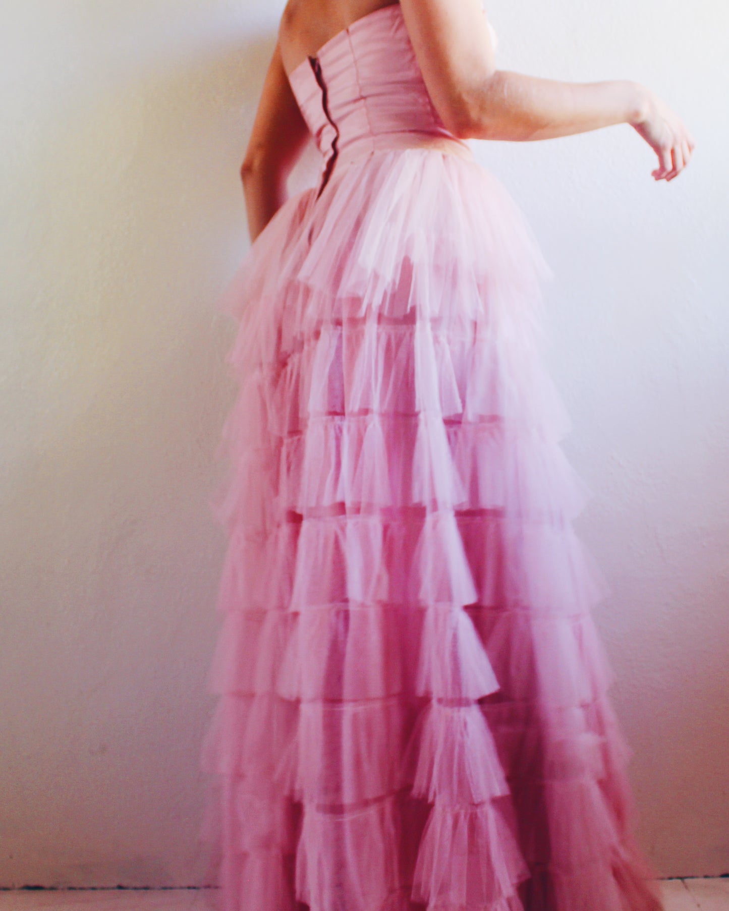 Vintage 1960s Coquette Pink Tiered Tulle Gown – Strapless Bombshell Prom Dress | Ultra-Girlie Princess Statement Piece