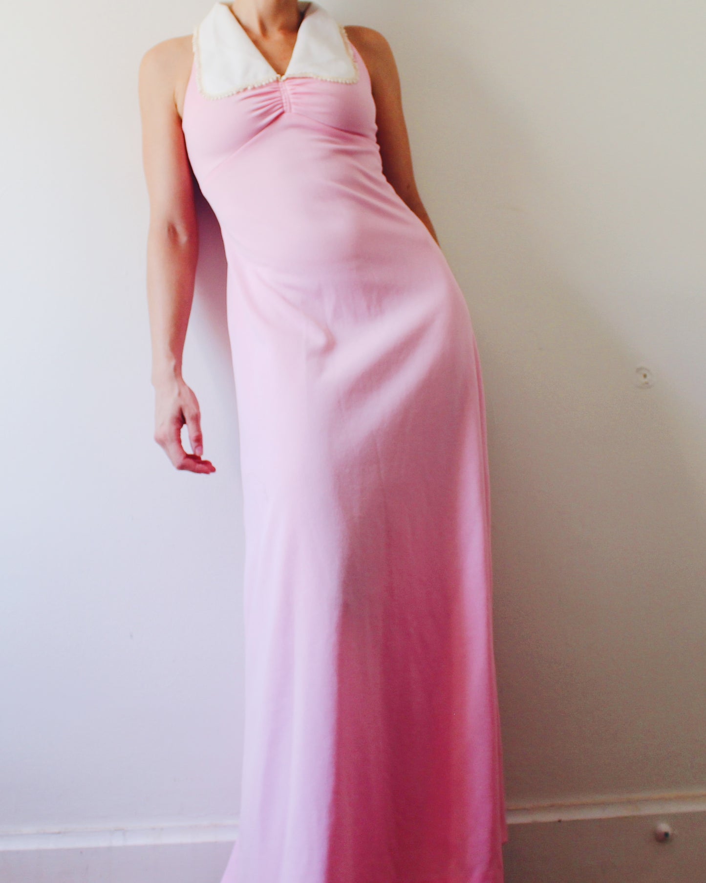 Vintage 1970s Handmade Pink Dress S | Peter Pan Collar Empire Waist | Moonrise Kingdom Wes Anderson Aesthetic | Retro Cottagecore Sleeveless