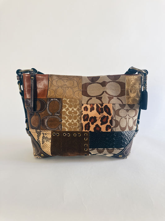 Vintage Y2K Coach Brown Animal Print Patchwork Leather Purse – Legacy Carly Coach, Designer Statement Bag in Pristine Condition