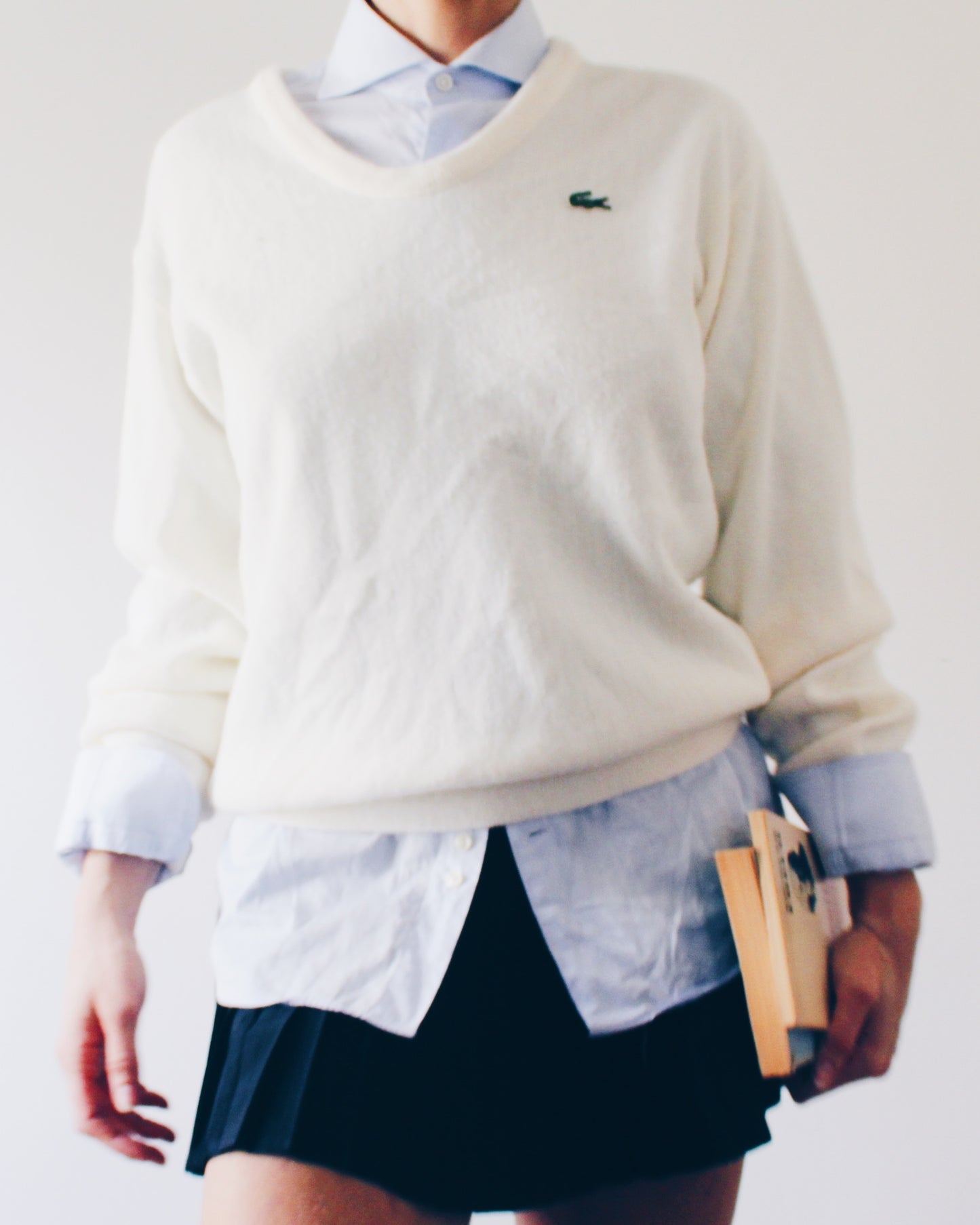 Vintage Izod Lacoste Ivory V Neck Sweater - 1980s Academic Knit Long Sleeve With  Logo Preppy Layering
