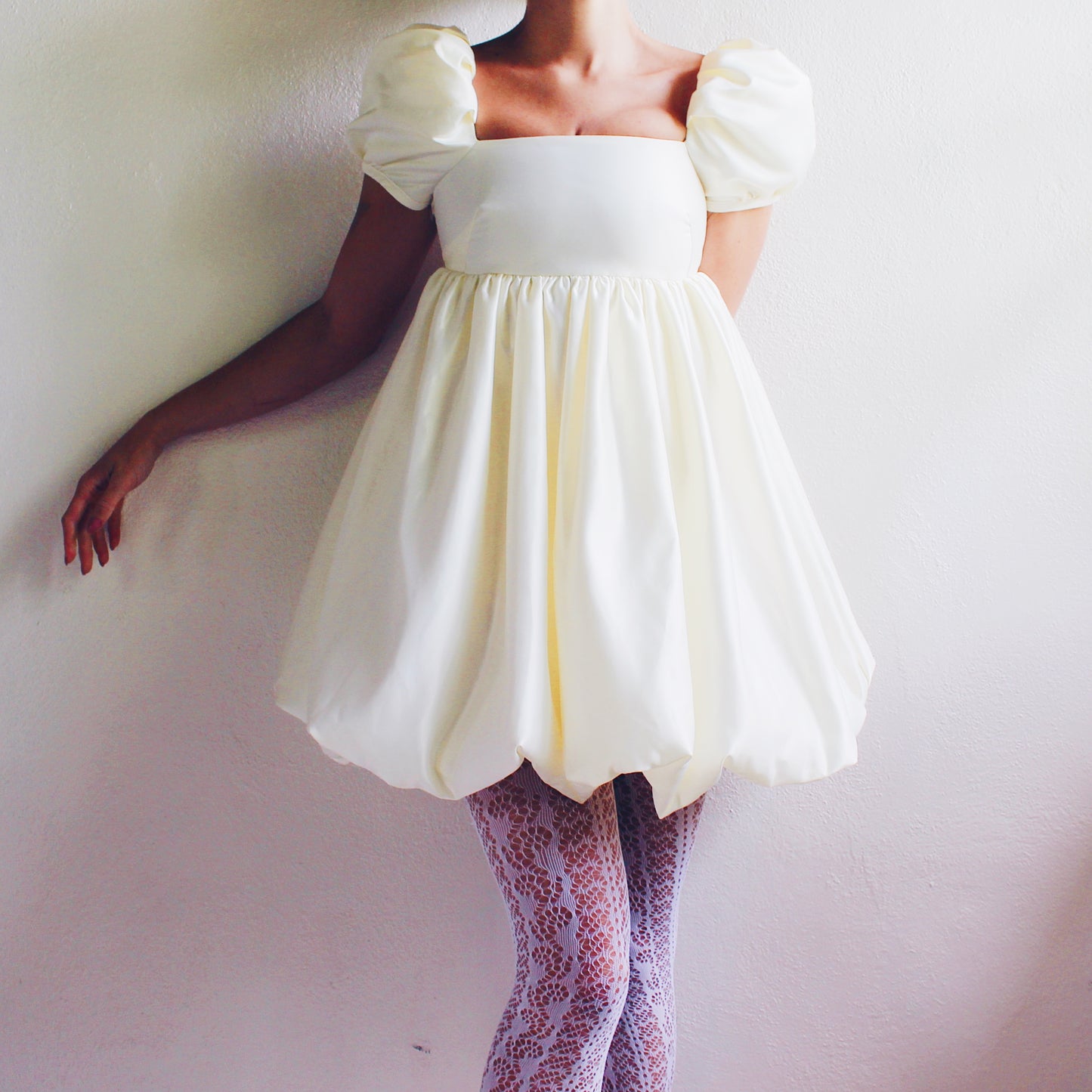 Upcycled Cream Babydoll Dress - Selkie like Cute Coquette Style with Bubble Sleeves | Perfect for Formal Events