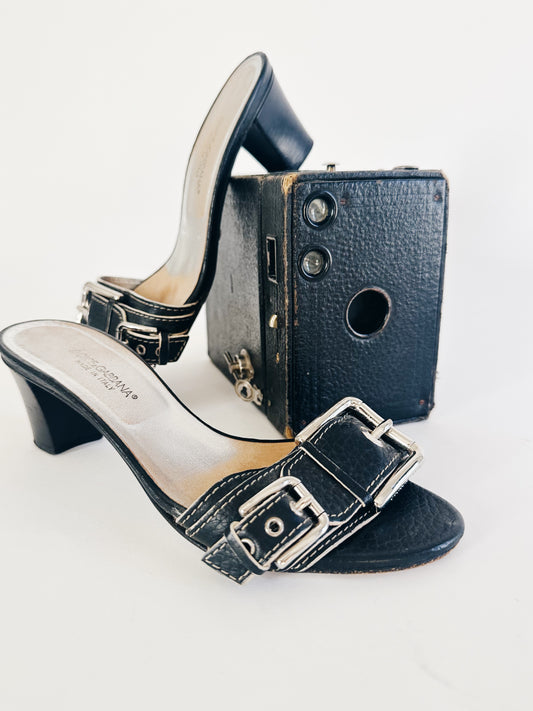 Vintage Dolce & Gabbana Kitten Heel Sandals – Black Leather Buckle Strap Y2K Designer Slip On Heels