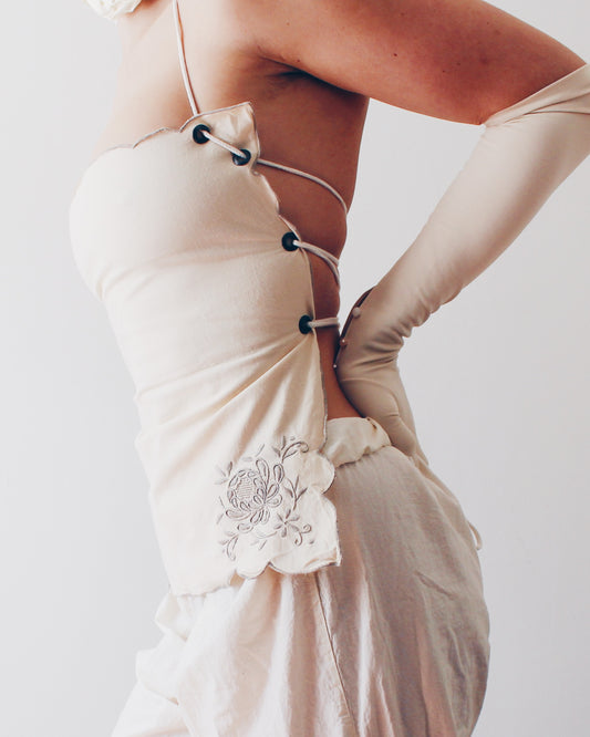 Upcycled Heirloom Linen Top with Embroidered Flower - Vintage Madeira Embroidered Napkin Crop Top