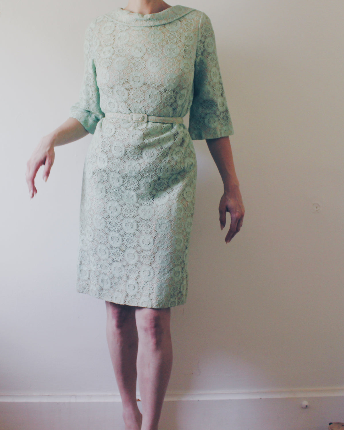 Vintage Blakely Fashions Mint Green Lace Dress S | Handmade 60s Mod Shift Dress with Belt | Retro Coquette Bracelet Sleeve Cocktail