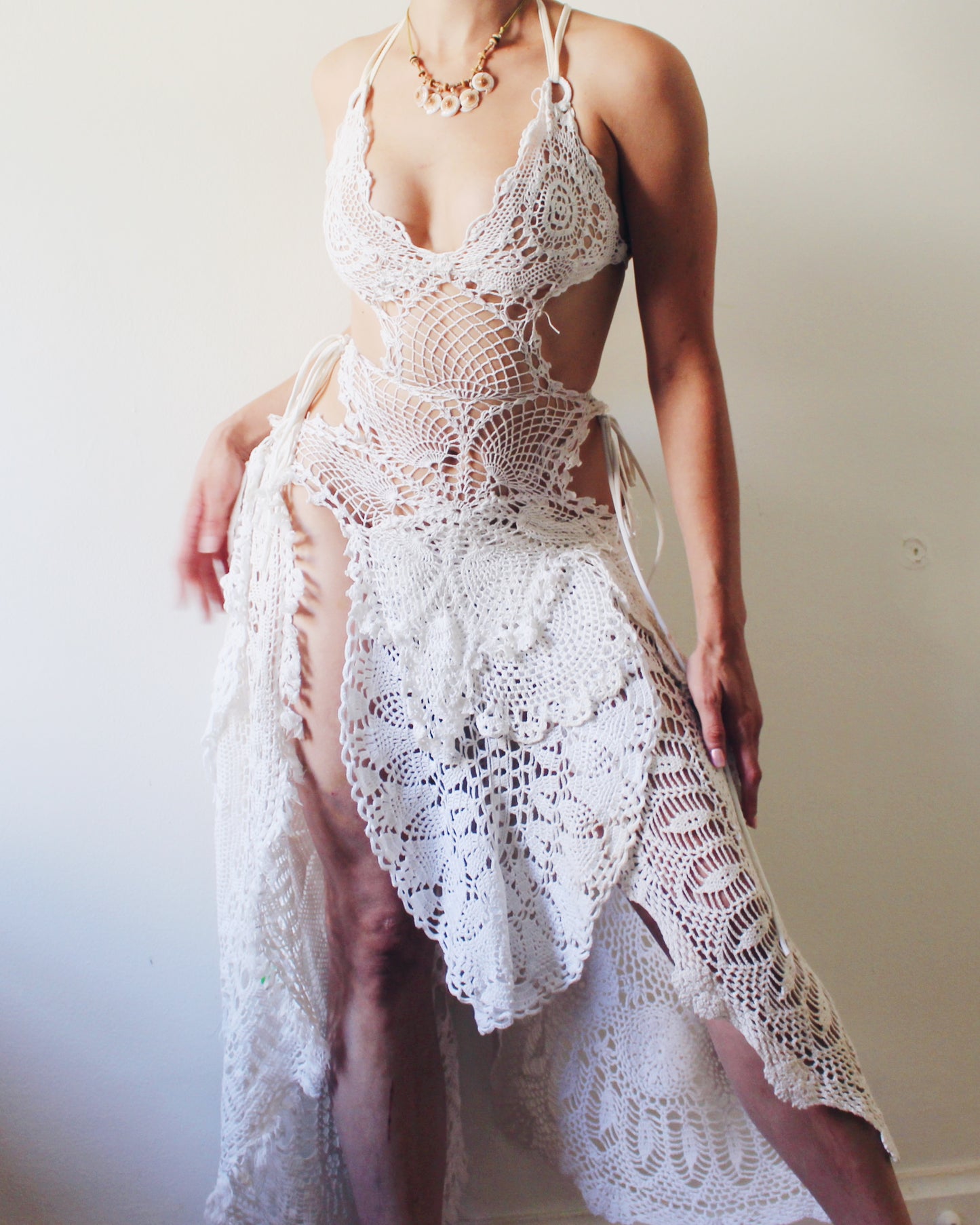 Upcycled Asymmetric Dress Made from Vintage Handmade Doilies - Ethereal Bohemian Style | One-of-a-Kind Statement Piece - festival Doily Gown