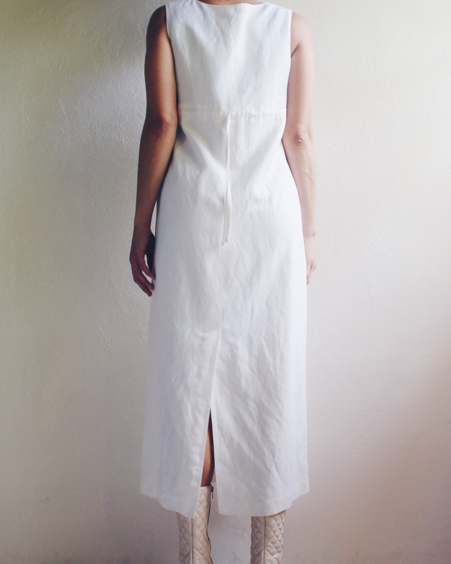 Minimalist White Linen Rayon Blend Shift Dress - Embroidered Bust & Adjustable Tie | Summery Tropical Style fo Formal Events