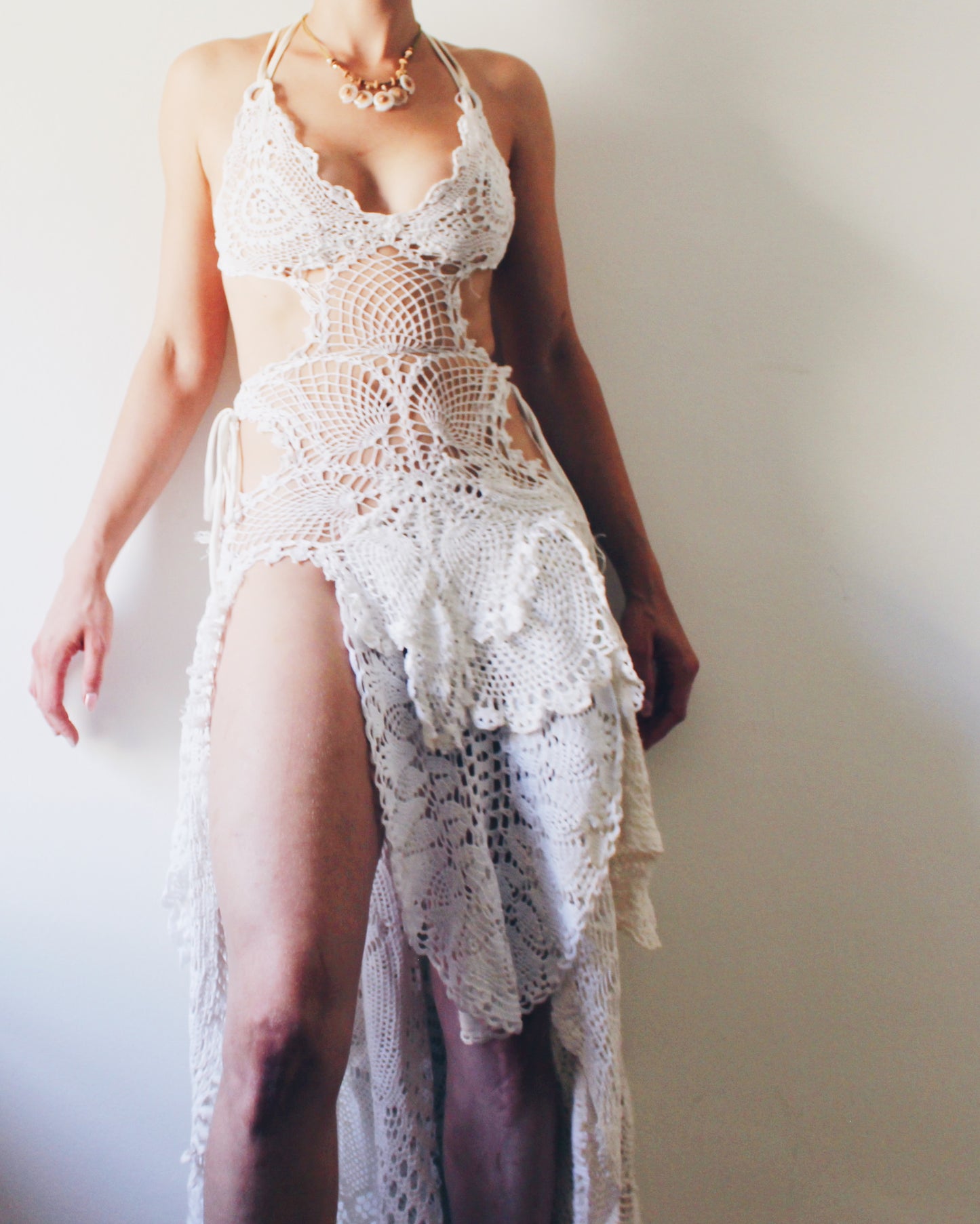 Upcycled Asymmetric Dress Made from Vintage Handmade Doilies - Ethereal Bohemian Style | One-of-a-Kind Statement Piece - festival Doily Gown