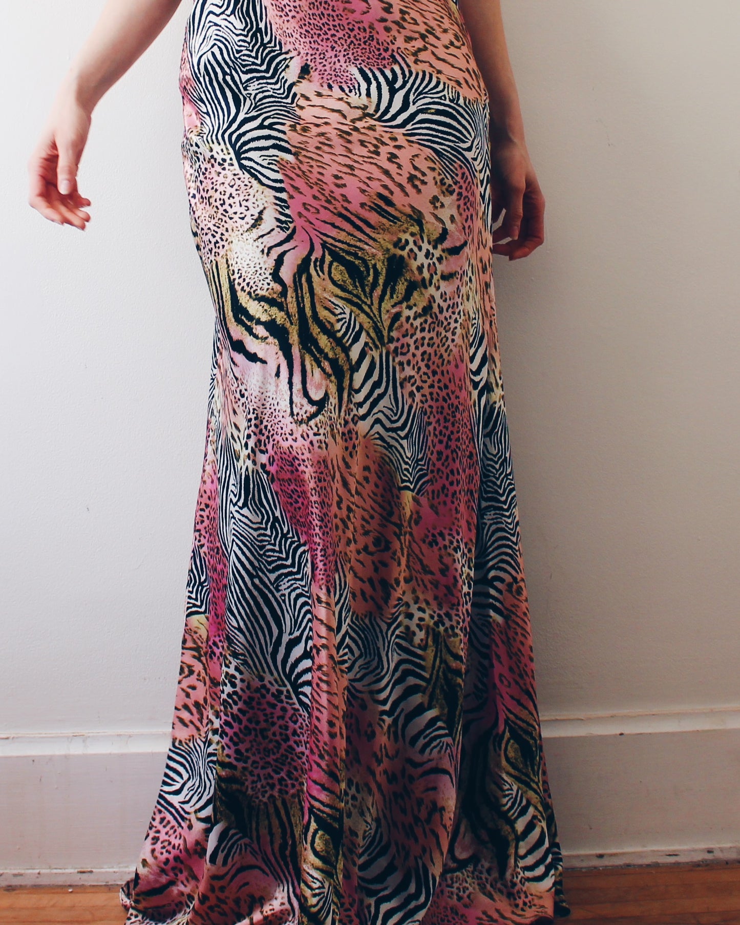 Vintage Y2K Black & Pink Zebra Print Prom Dress – Open Back Animal Print Statement Dress