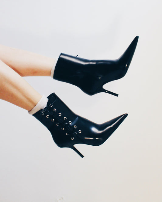 H&M Lace up Y2K Pointed Toe Stiletto Boots – Vintage Black Leather Ankle Boots | Early 2000s Iconic Heels