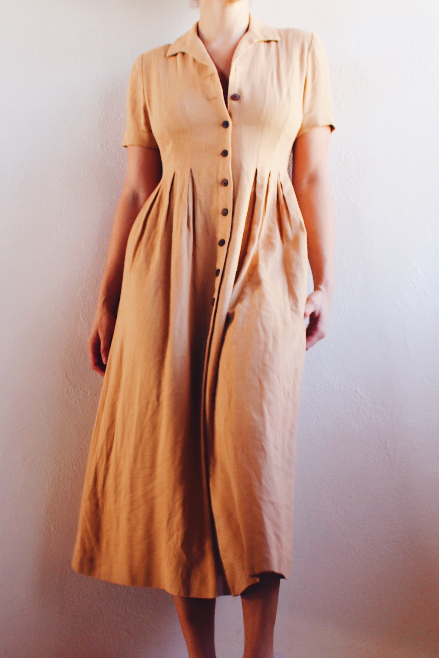 Timeless Linen: 1980s Short Sleeve Minimalist Tan linen-Blend A-Line Dress