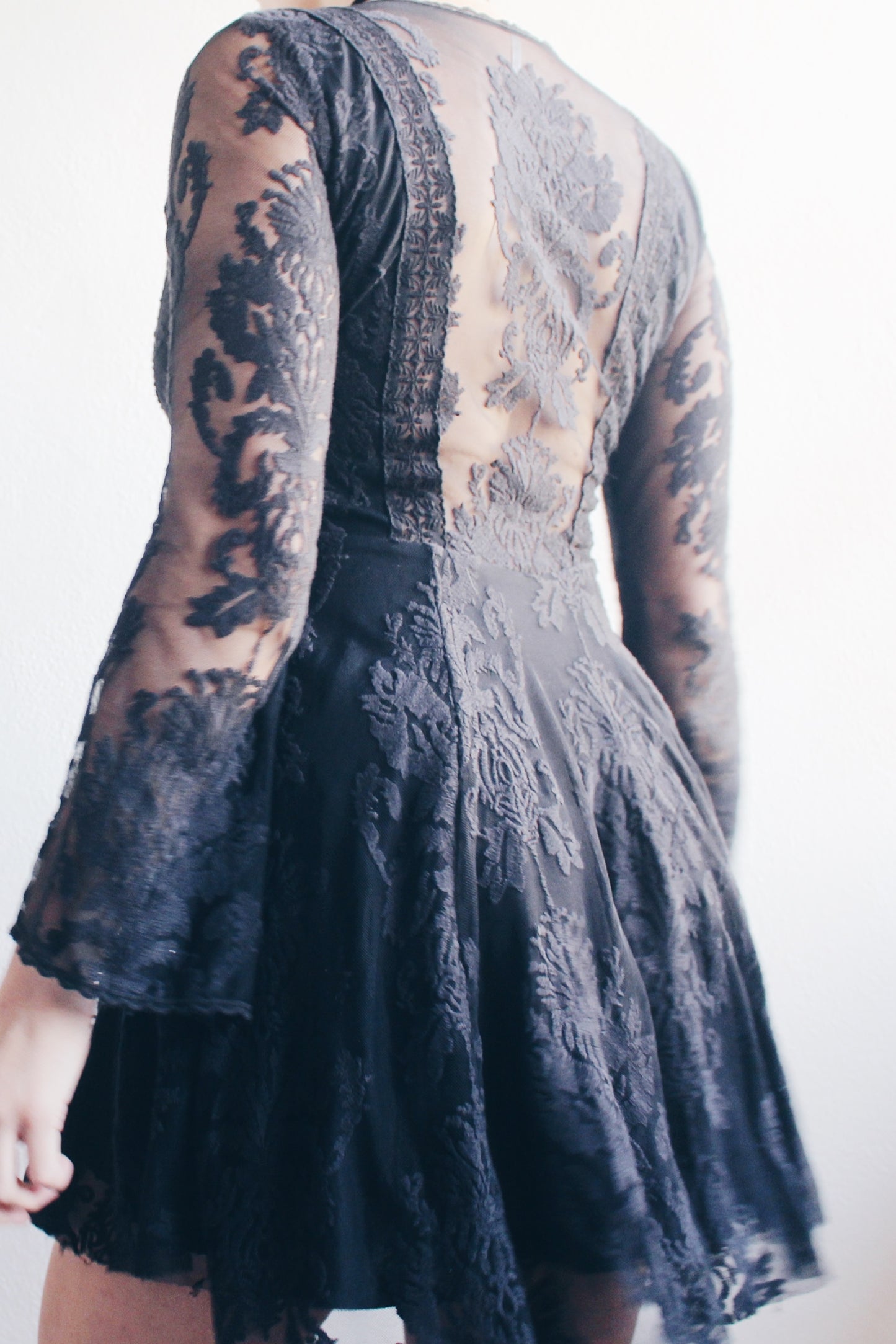 Ethereal Elegance: Vintage Black Lace Bell Sleeve Dress for Your Dark Victorian Dreams