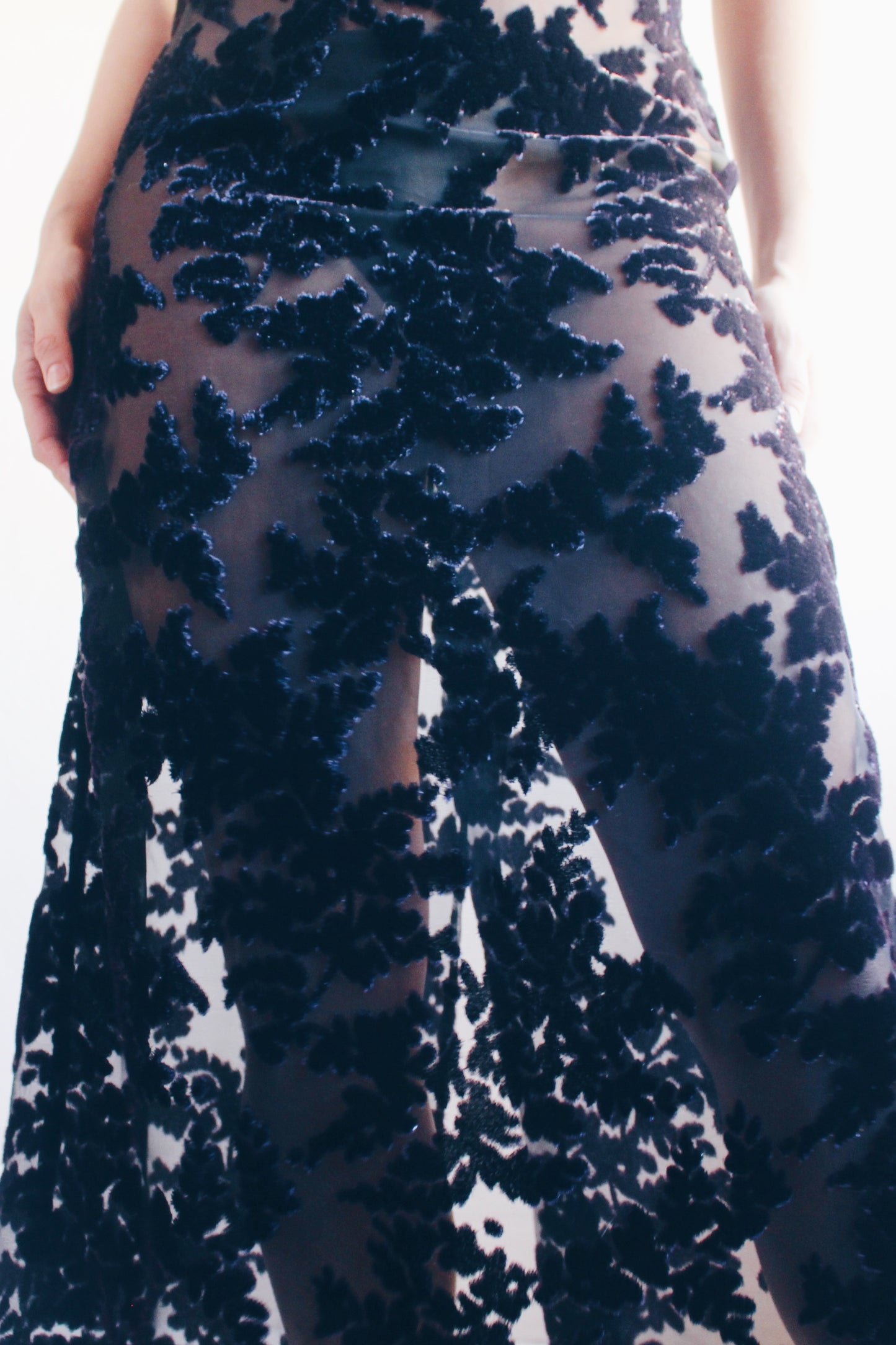 Gothic Elegance: Upcycled Sheer Long Dress with Dark Navy Velvet Florals for Burnout Bliss