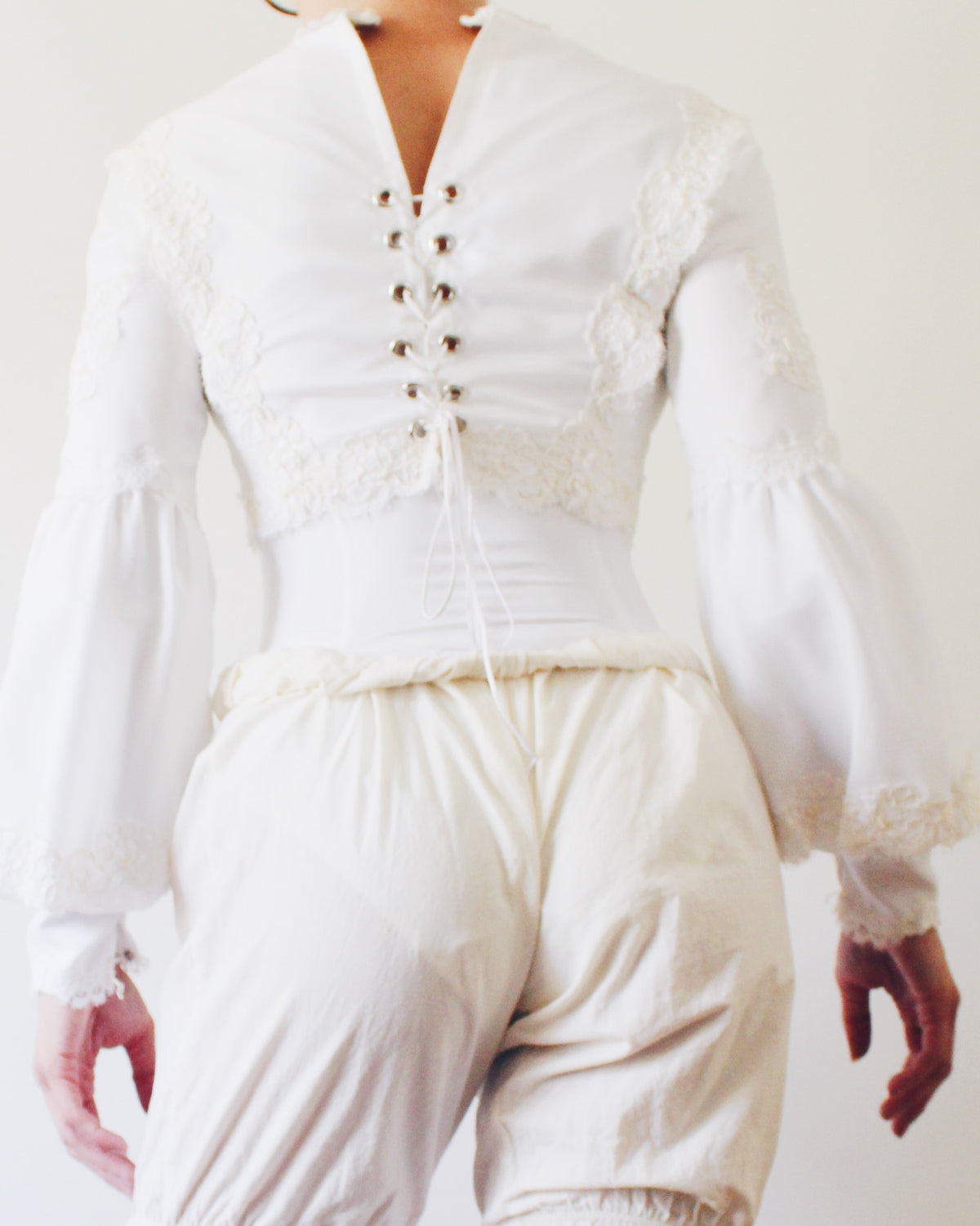 Upcycled Cropped Wedding Top, Lace Up Soft Goth Long Sleeve Blouse, Victorian Pirate Style Bell Sleeves, Made from Vintage Wedding Dress
