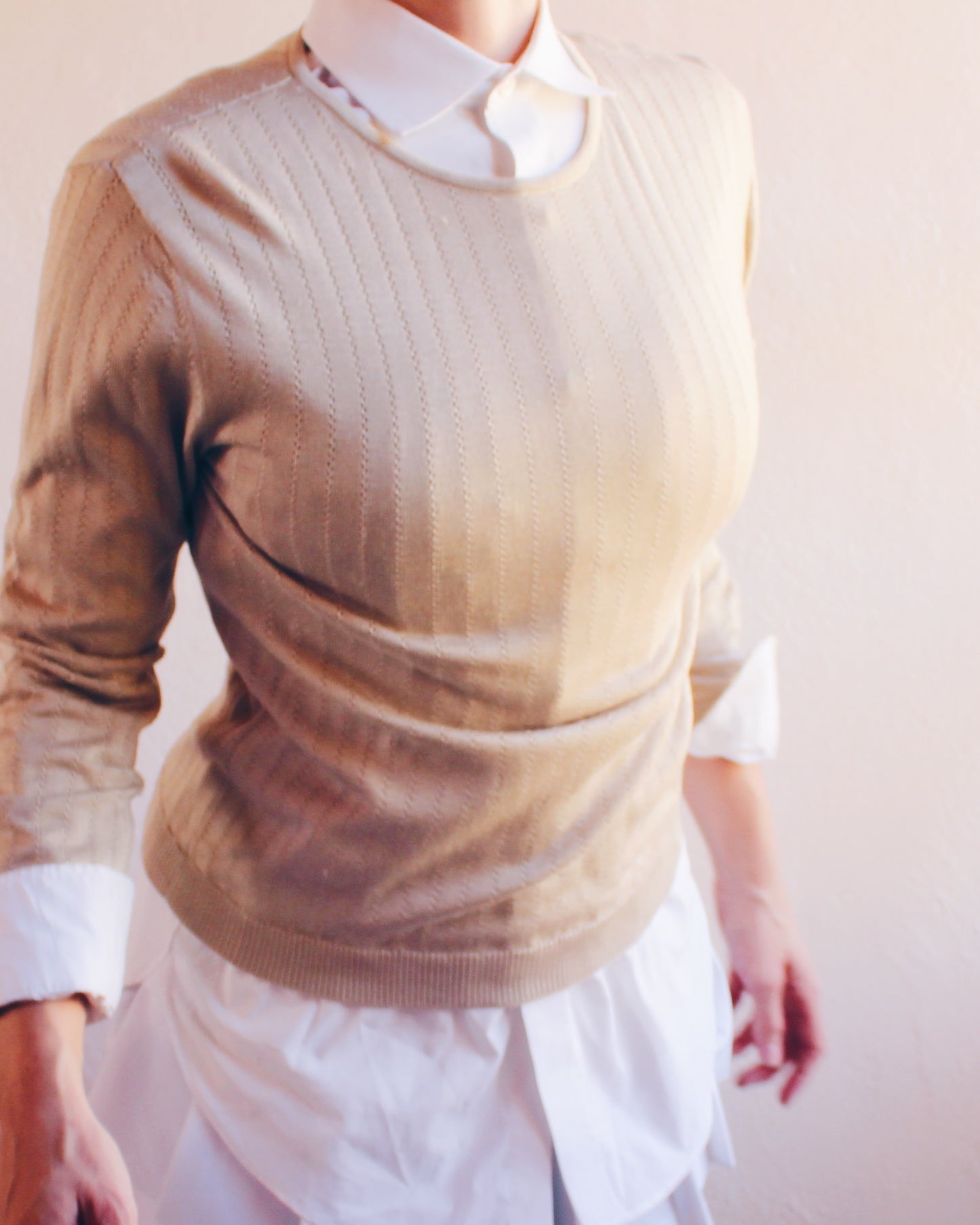 Vintage Silk Talbots Beige Knit Sweater – Minimalist Academic Style Layering Top