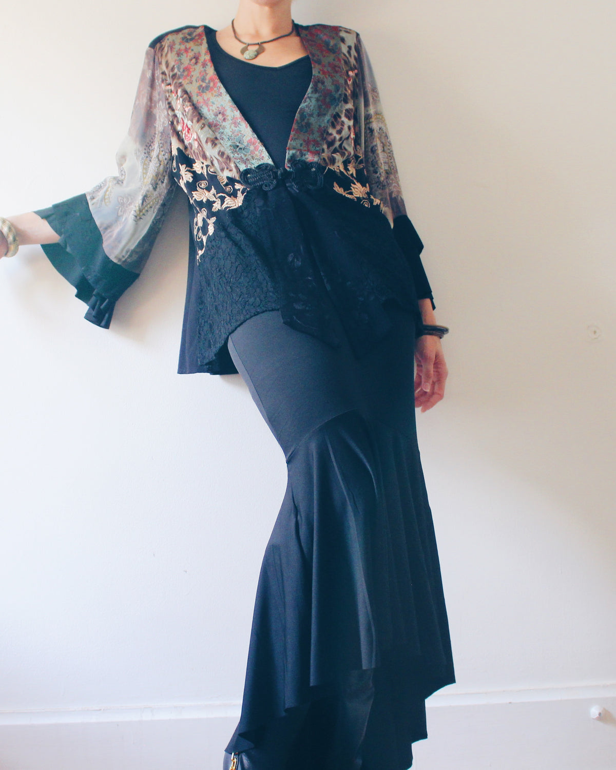 Vintage 90s Spencer Alexis Whimsygoth Patchwork Kimono Sleeve Jacket Robe, East Asian Textile Print, Chinese Frog Button Closure
