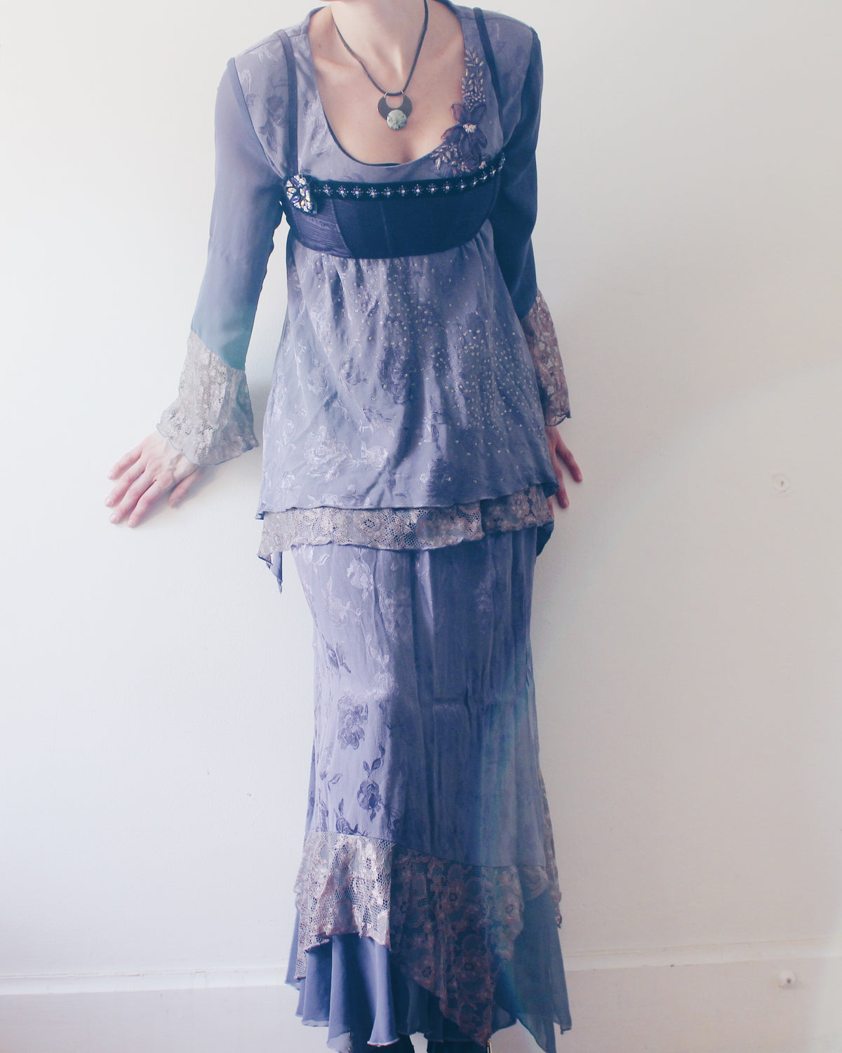 Vintage 90s Spencer Alexis Whimsygoth Two Piece Set, Dusty Purple Lilac Layered Midi Skirt and Embroidered Ruffle Sleeve Top