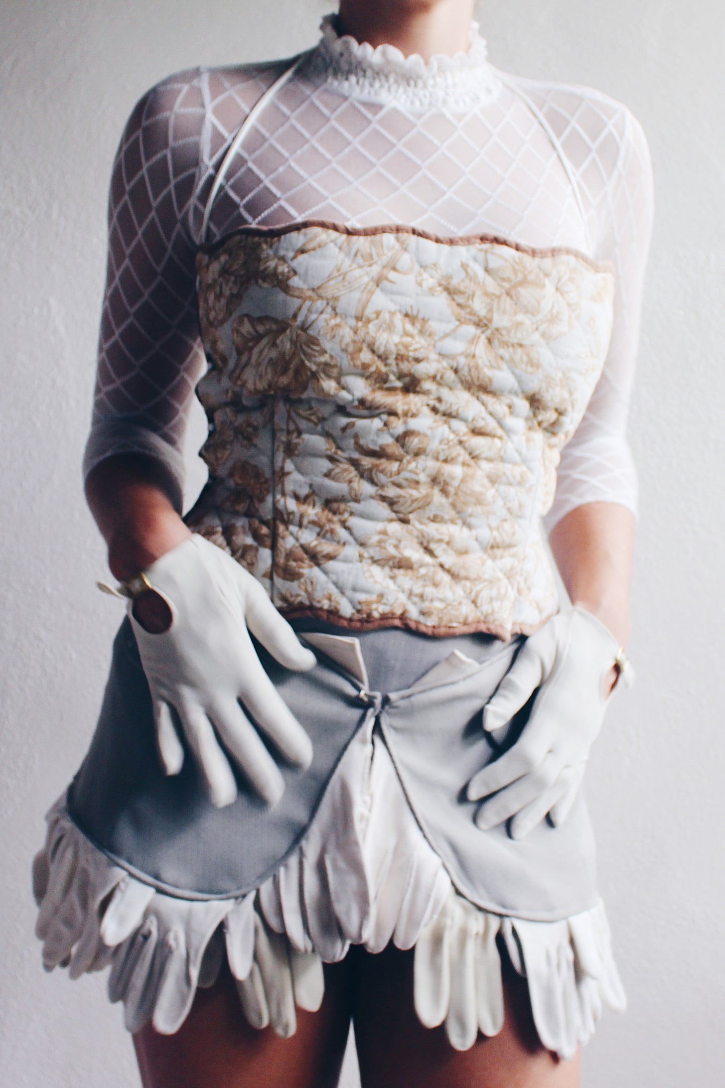 Upcycled quilted crop top / reworked vintage Placemat Tank / light blue cotton corset bib