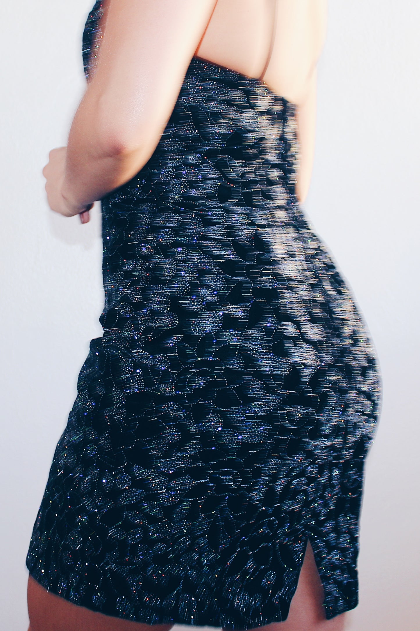 NYE Glamour: Black Velvet Glittery Mini Dress with Shimmery Flowers