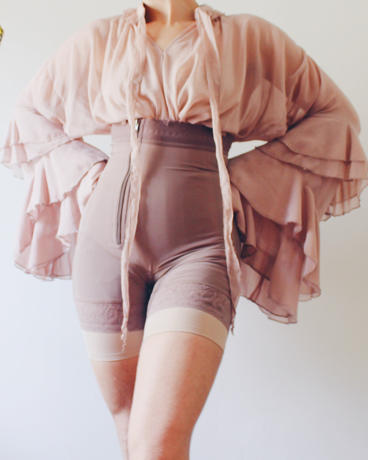 Mauve Layering Shapewear with Lace Lined Bottom, Asymmetrical Zipper, Under Bust, Detachable Straps, Soft Goth Accessory