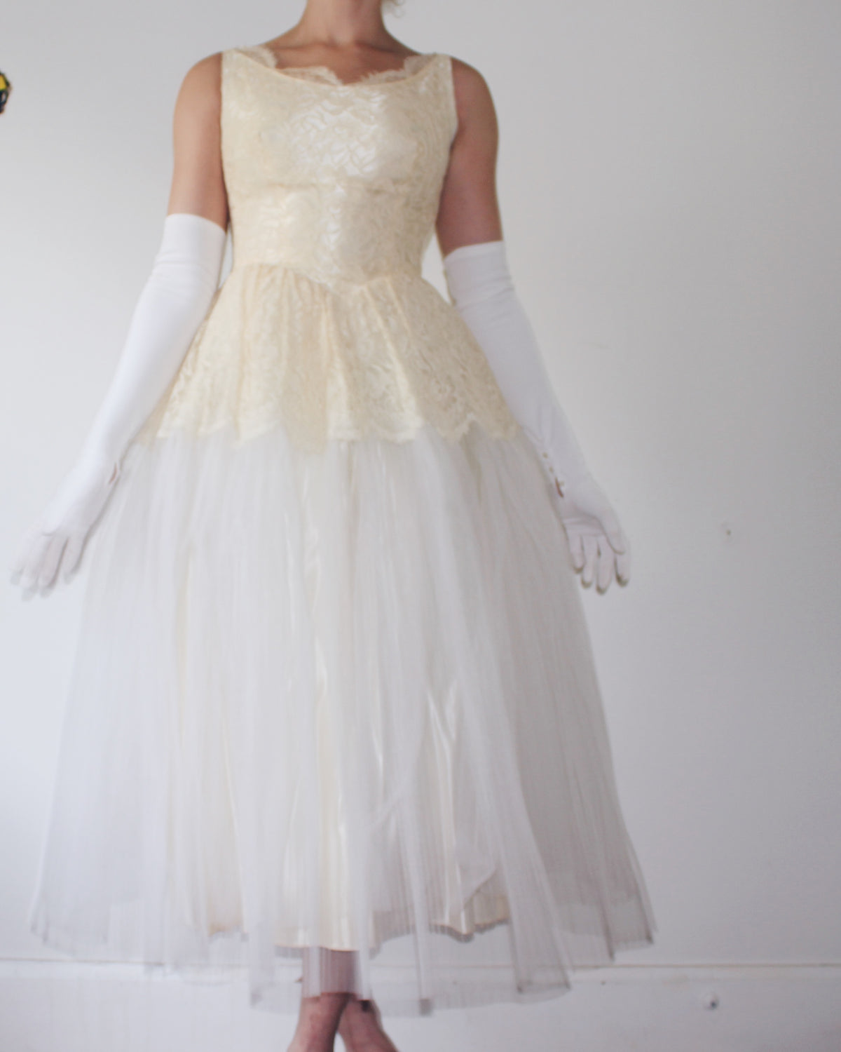 Vintage Ethereal Coquette Lace Midi Wedding Dress, Sleeveless Drop Waist, Cream Lace Bodice, Flared Micro Pleated Mesh Skirt