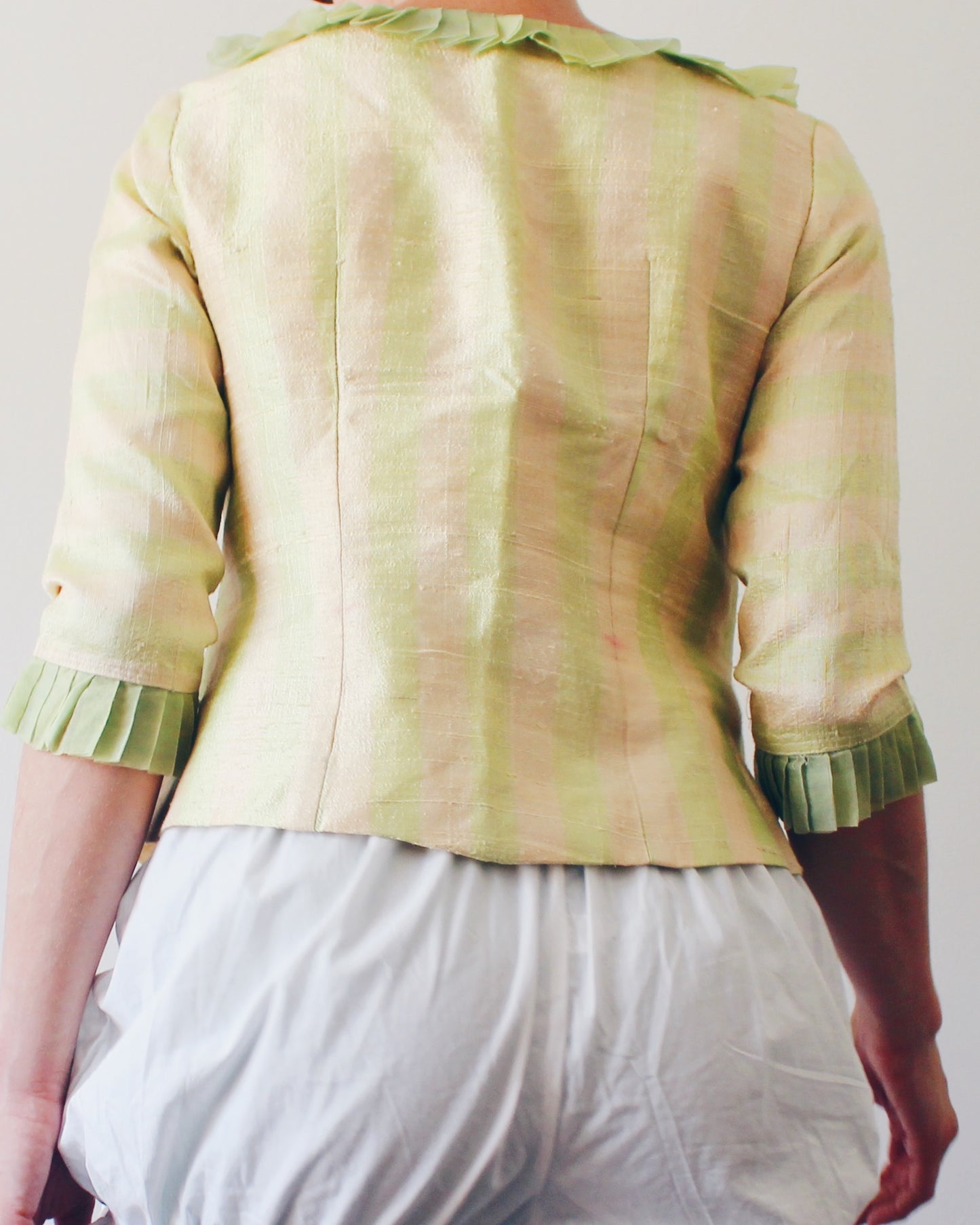 Handmade Green Striped Blouse Medium | Circuscore Empire Waist Pleated Ruffle Top | Whimsigoth Quirky Fairycore Button Up 3/4 Sleeve