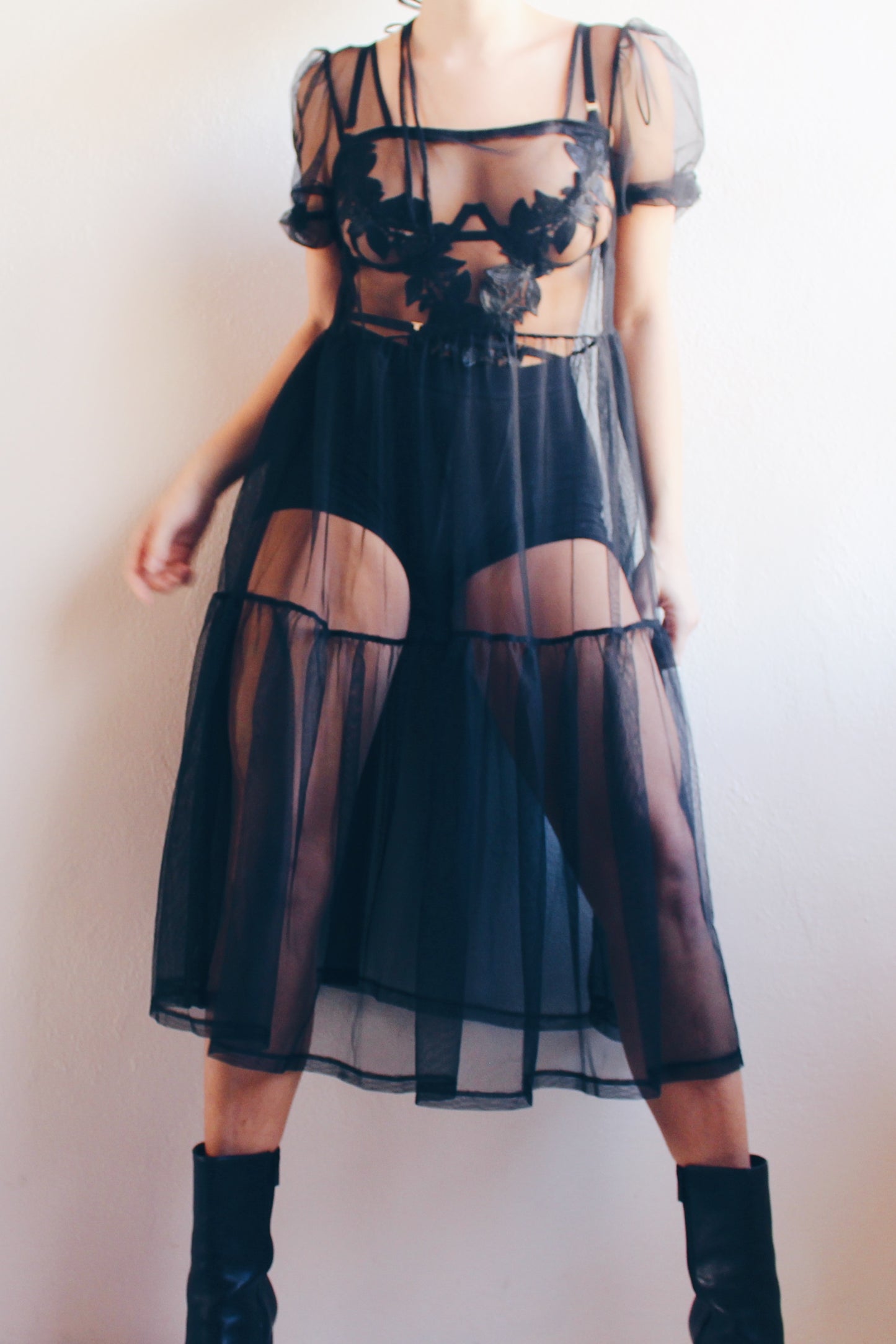 Enchanting Elegance: Sheer Black Babydoll Dress with Puffy Sleeves for Dark Days