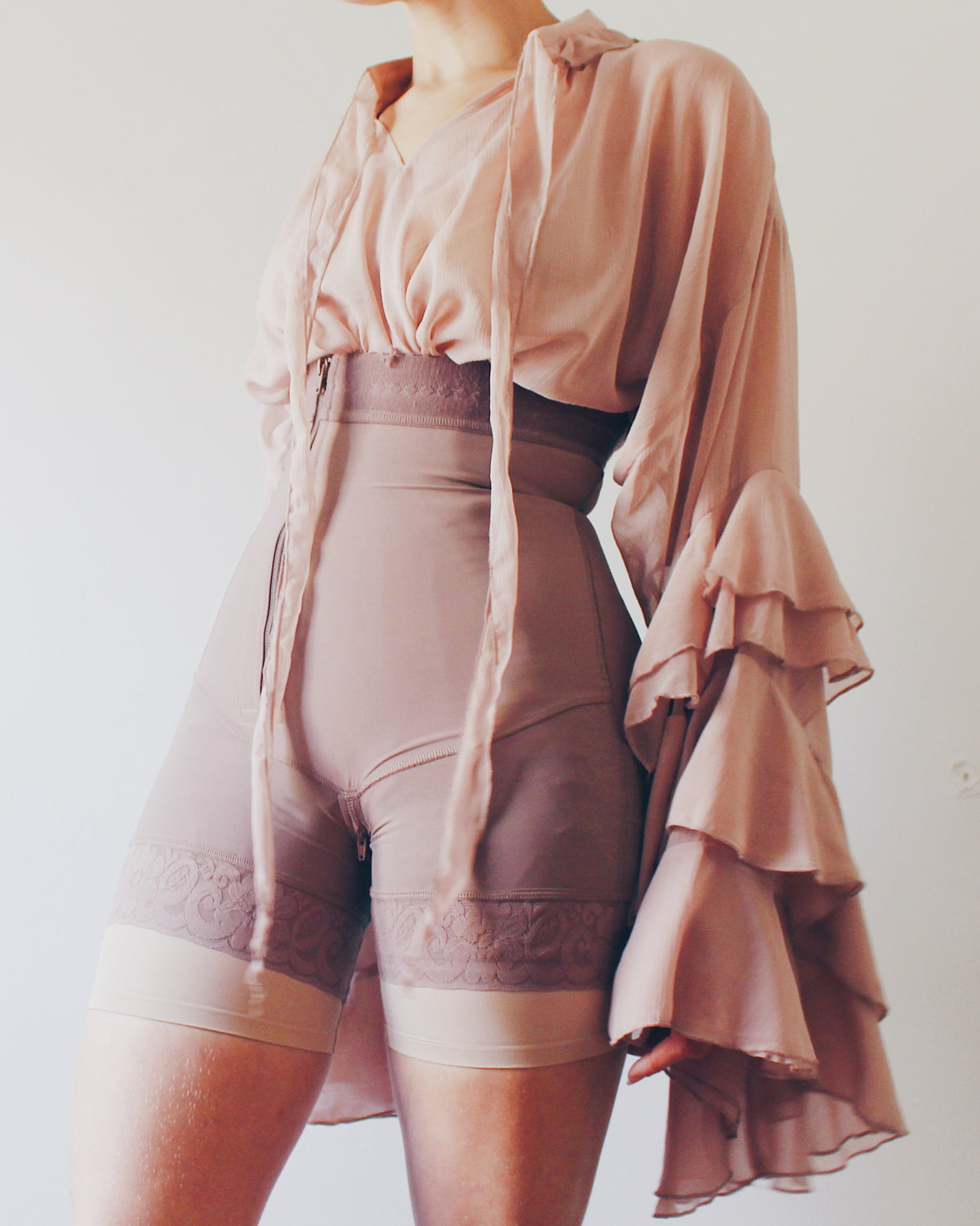 Mauve Layering Shapewear with Lace Lined Bottom, Asymmetrical Zipper, Under Bust, Detachable Straps, Soft Goth Accessory