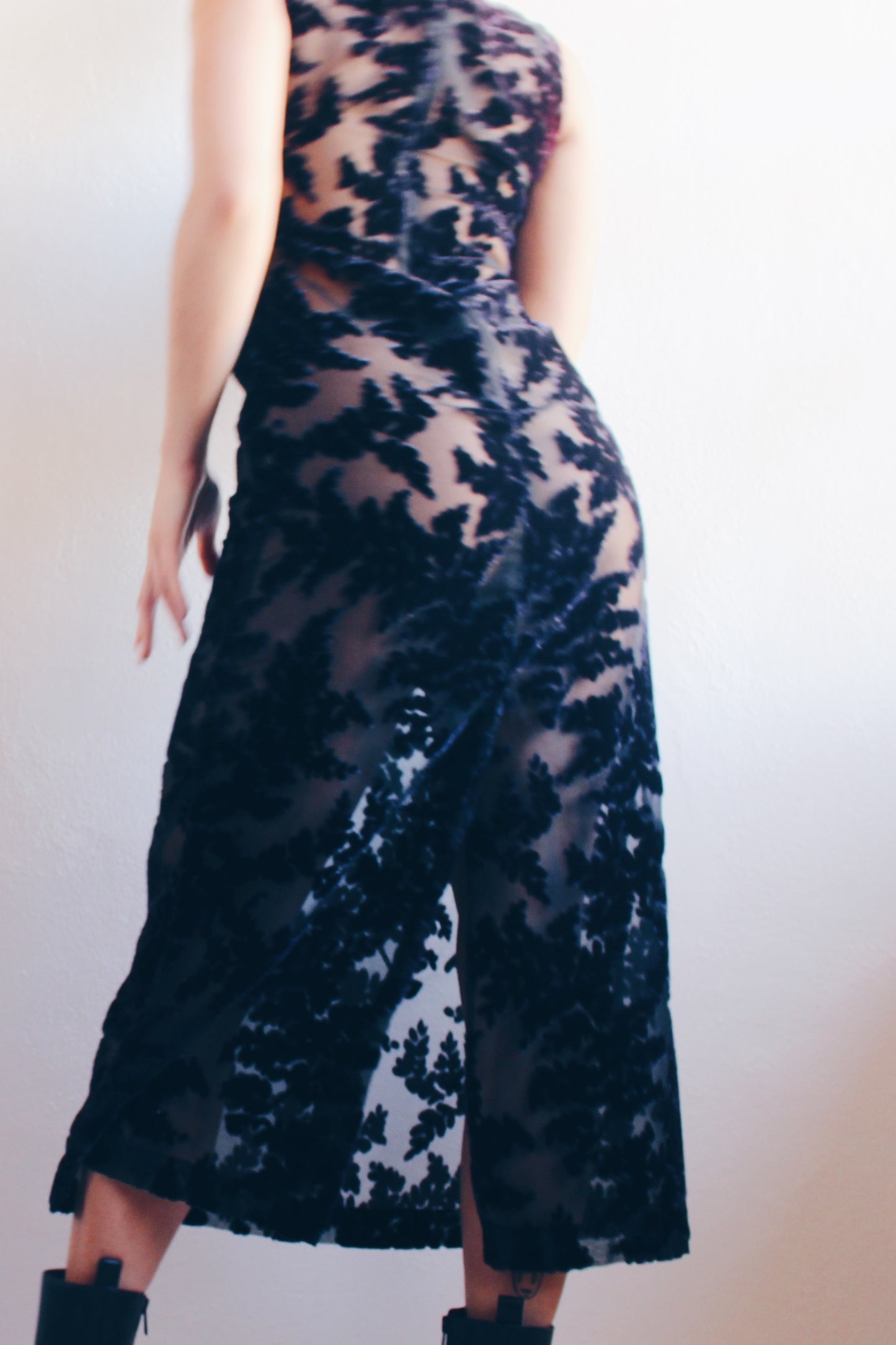 Gothic Elegance: Upcycled Sheer Long Dress with Dark Navy Velvet Florals for Burnout Bliss