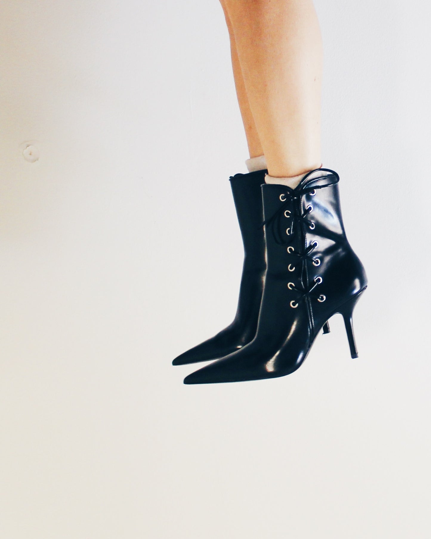 H&M Lace up Y2K Pointed Toe Stiletto Boots – Vintage Black Leather Ankle Boots | Early 2000s Iconic Heels