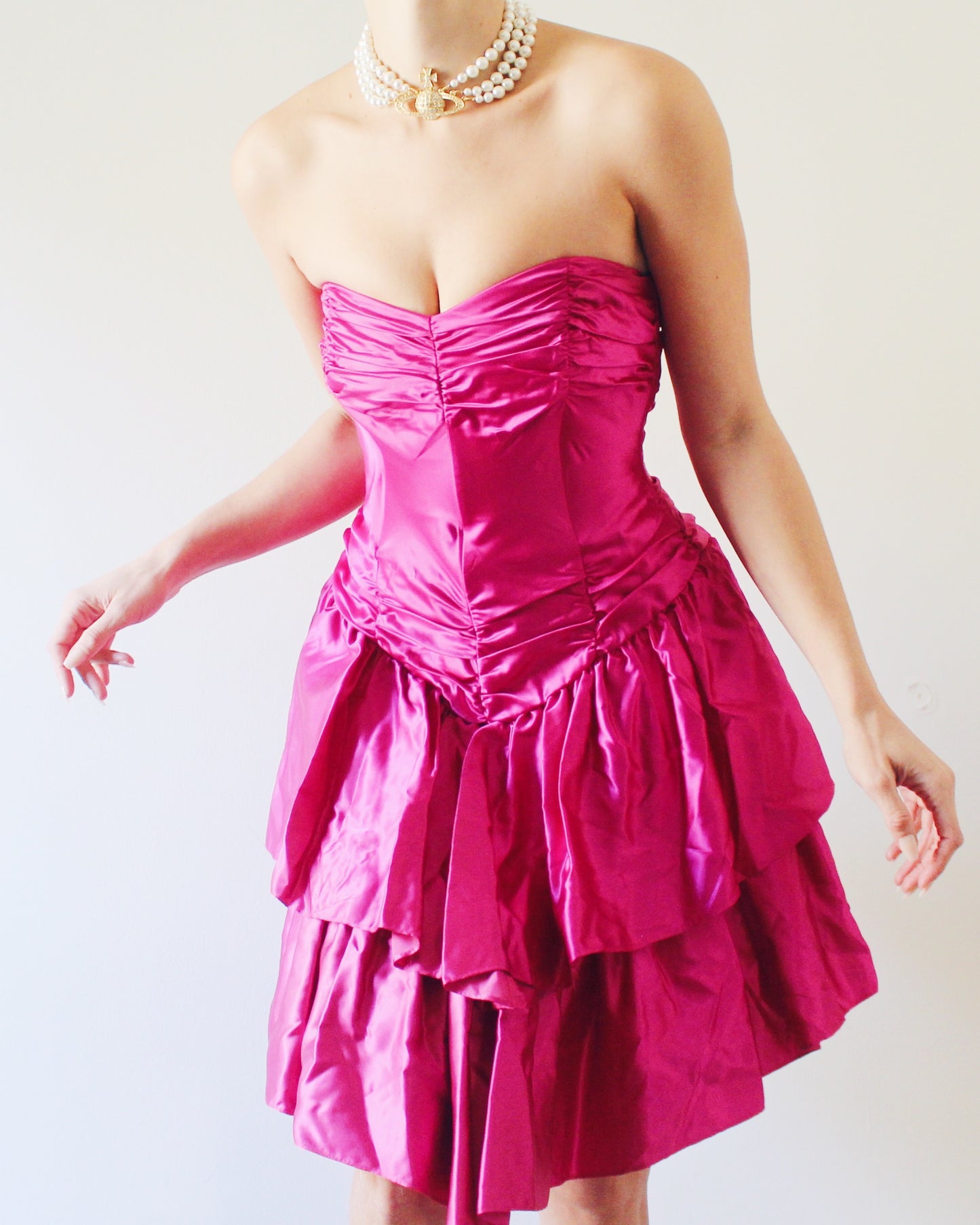 Vintage 1980s Bright Pink Mini Dress – Sleek Formal Cocktail Dress with 80s Statement Style Vintage 1960s Coquette Pink Tiered Tulle Gown