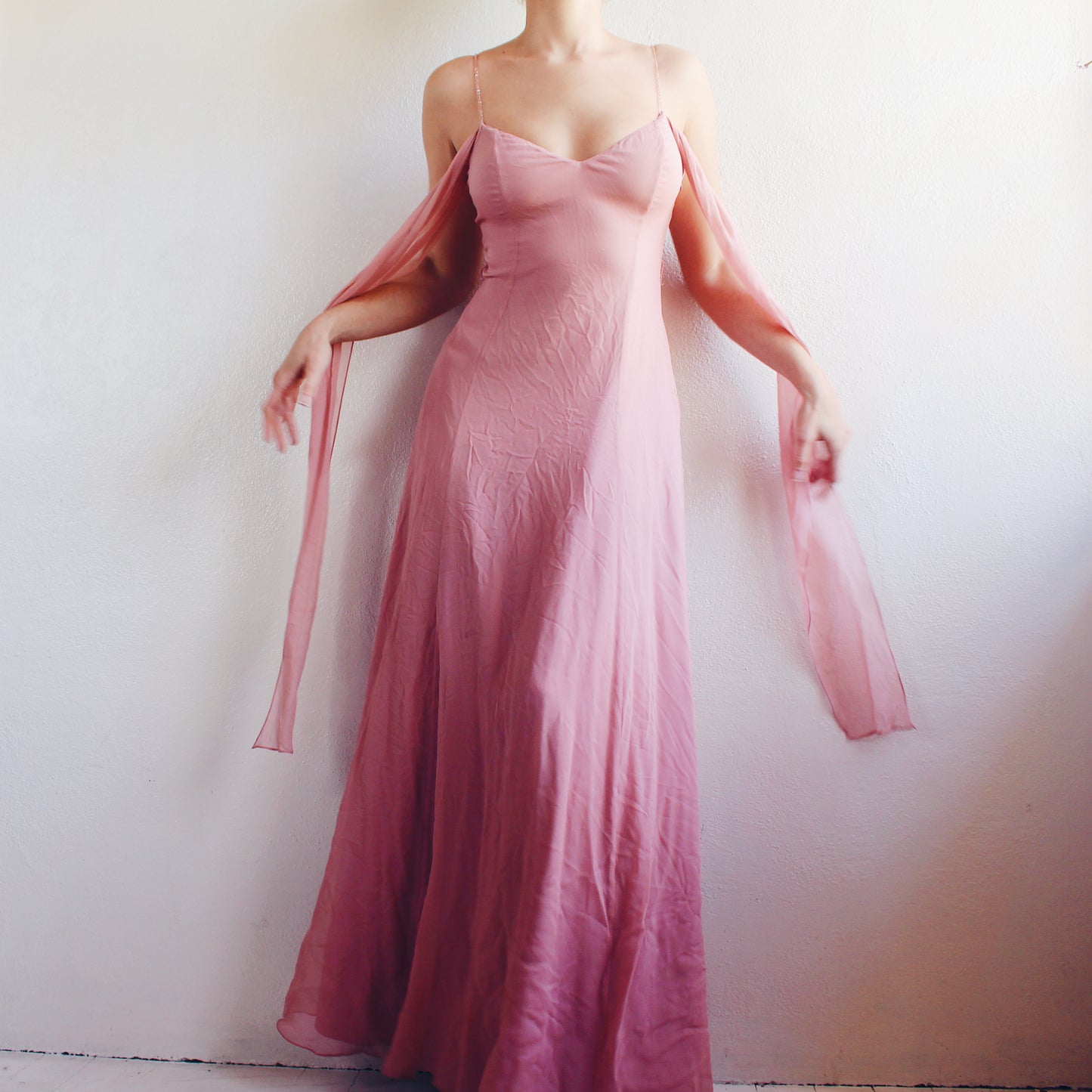 Vintage Y2K Blush Pink Silk Layered Gown | Formal Sheer Evening Dress - Bow Tie Sash Flowing Coquette Dress