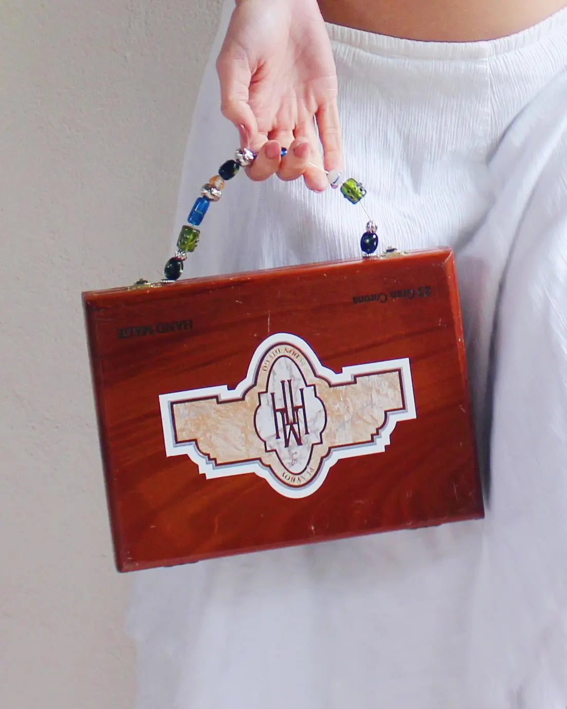 Upcycled Cigar Box Wooden Carrying Case - Whimsical Style with Beaded Handle | Sustainable & Unique Handbag