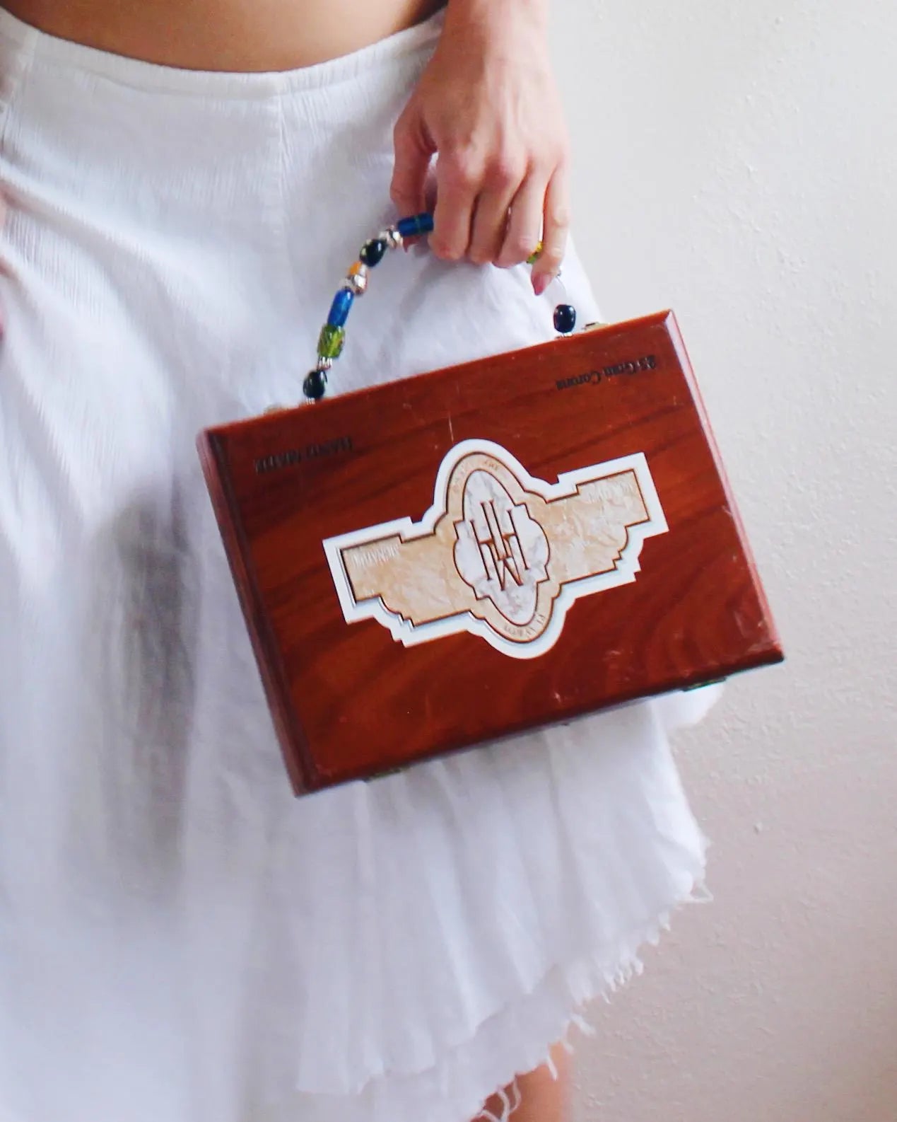 Upcycled Cigar Box Wooden Carrying Case - Whimsical Style with Beaded Handle | Sustainable & Unique Handbag