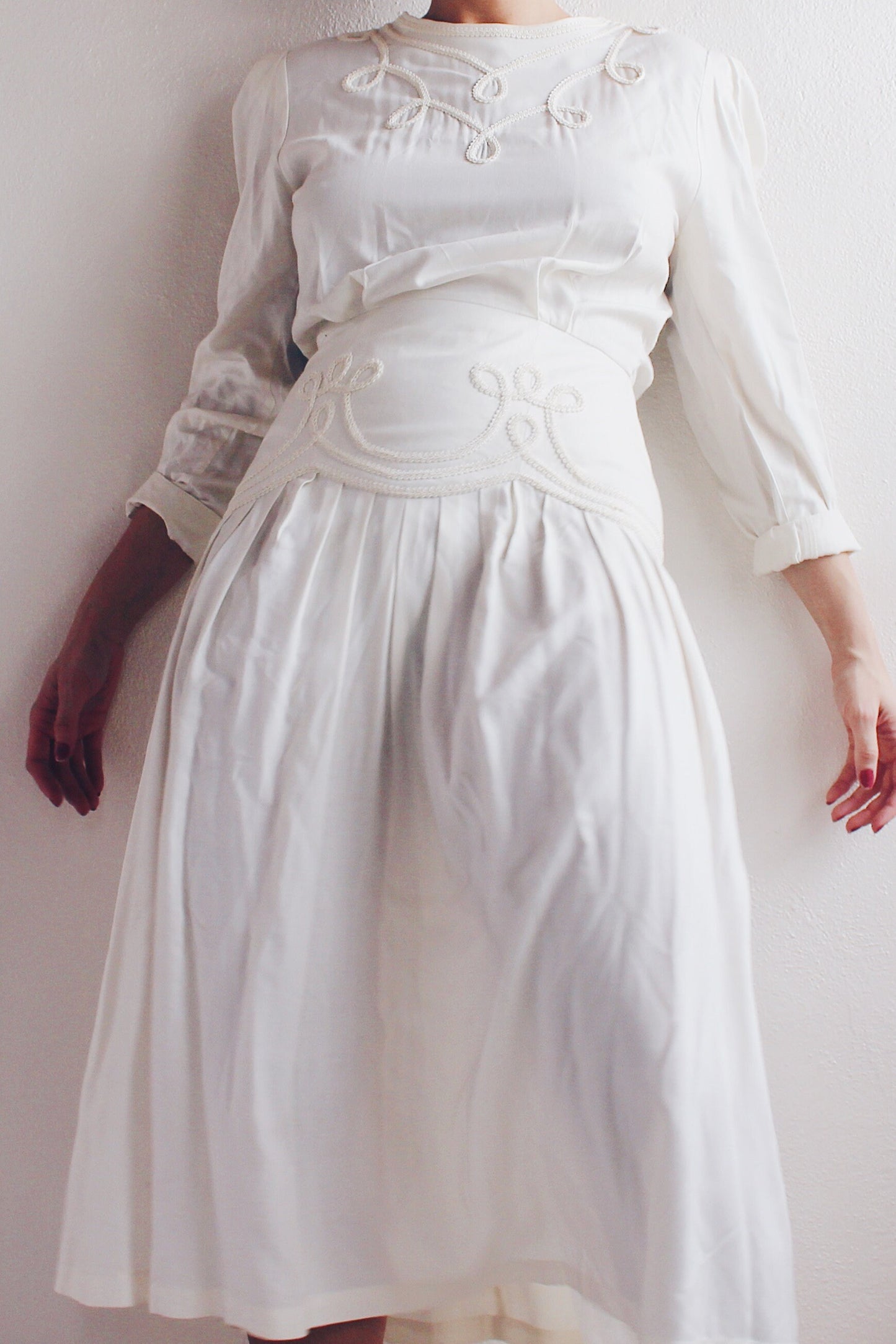 Ivory Long Sleeve Drop Waist Midi Prairie Dress - 70s Edwardian Renewal Cottagecore Style Sundress