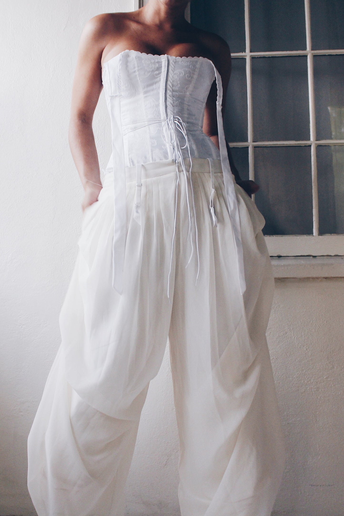 Pleated White High Waisted Parachute style pants /  Ivory Cinched Wide Leg formal pants