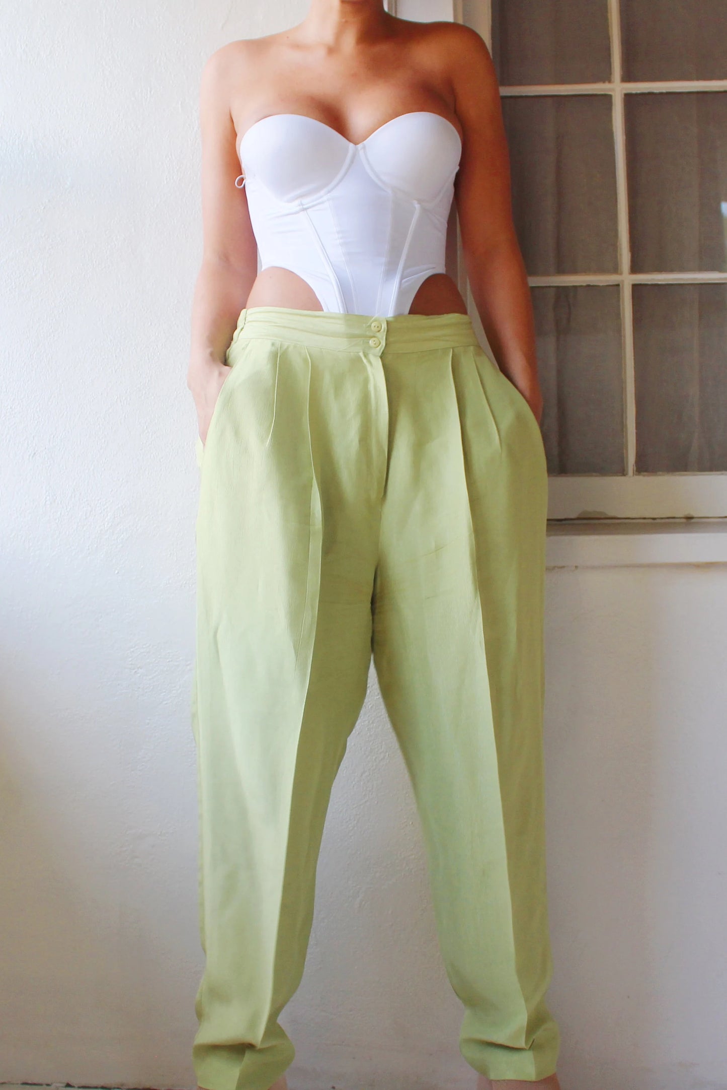 High Waisted Bright Green Pants / Vintage Pleated Green Trousers